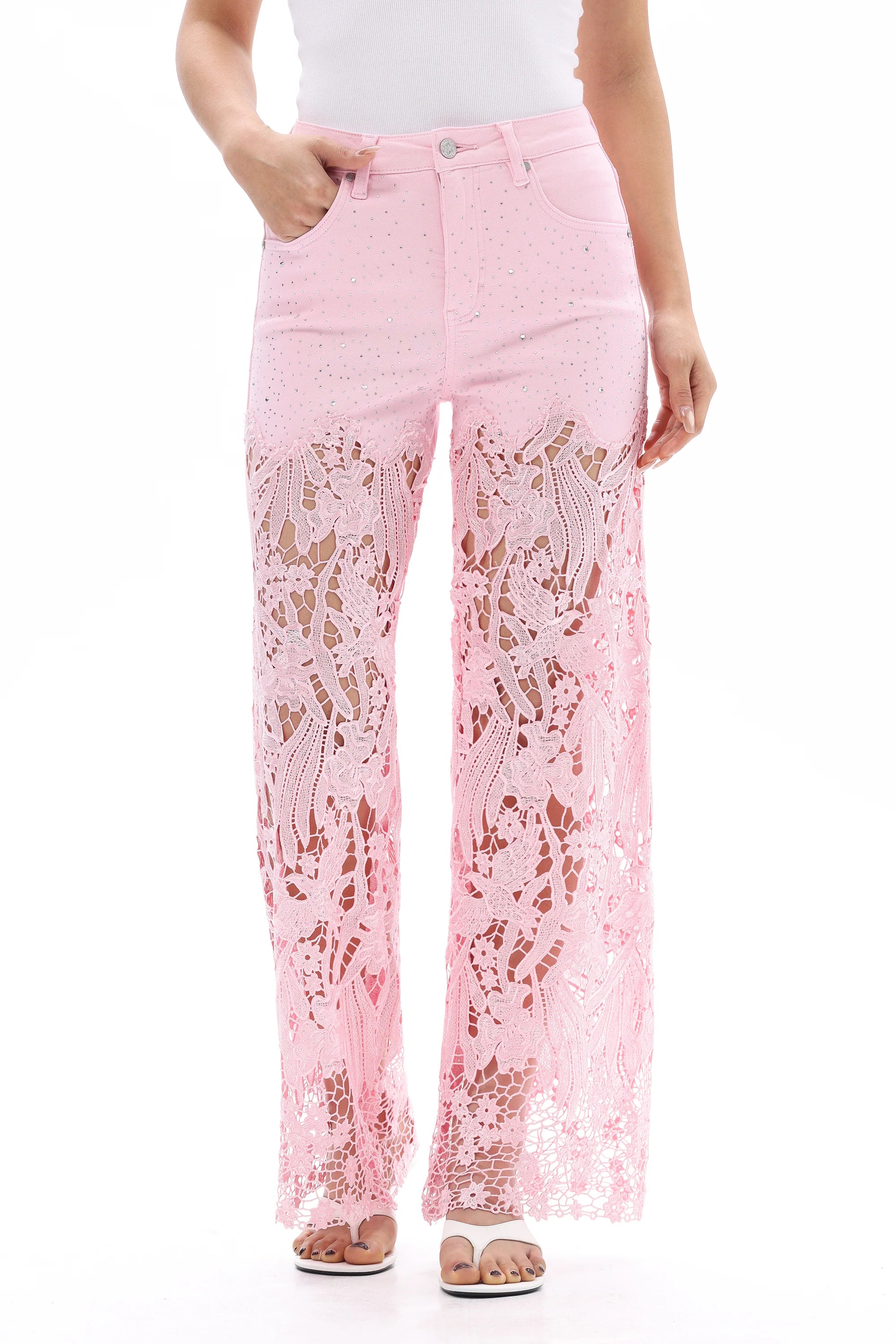 Summer Pink Embroidered Lace Denim Rhinestone Jeans