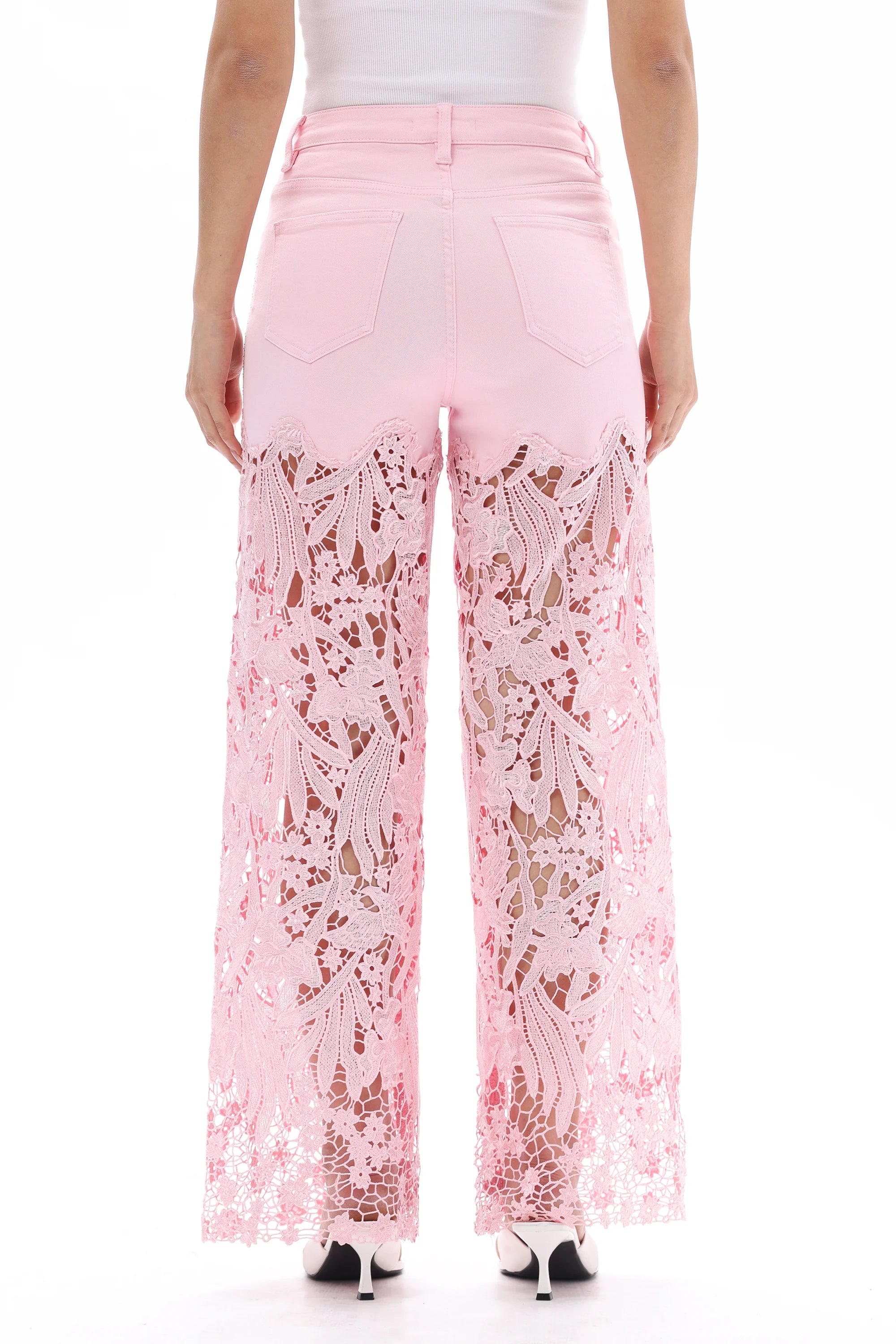 Summer Pink Embroidered Lace Denim Rhinestone Jeans