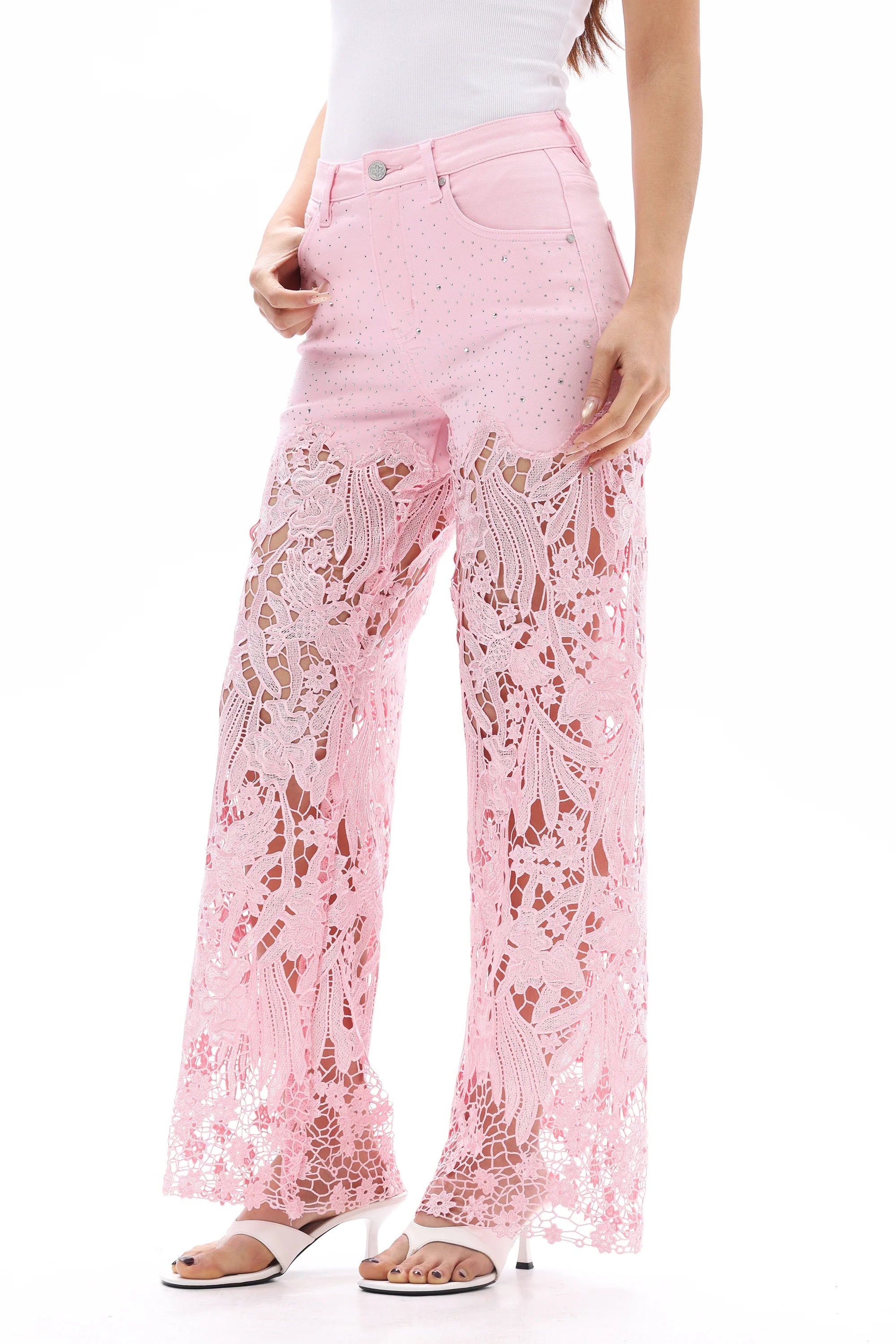 Summer Pink Embroidered Lace Denim Rhinestone Jeans