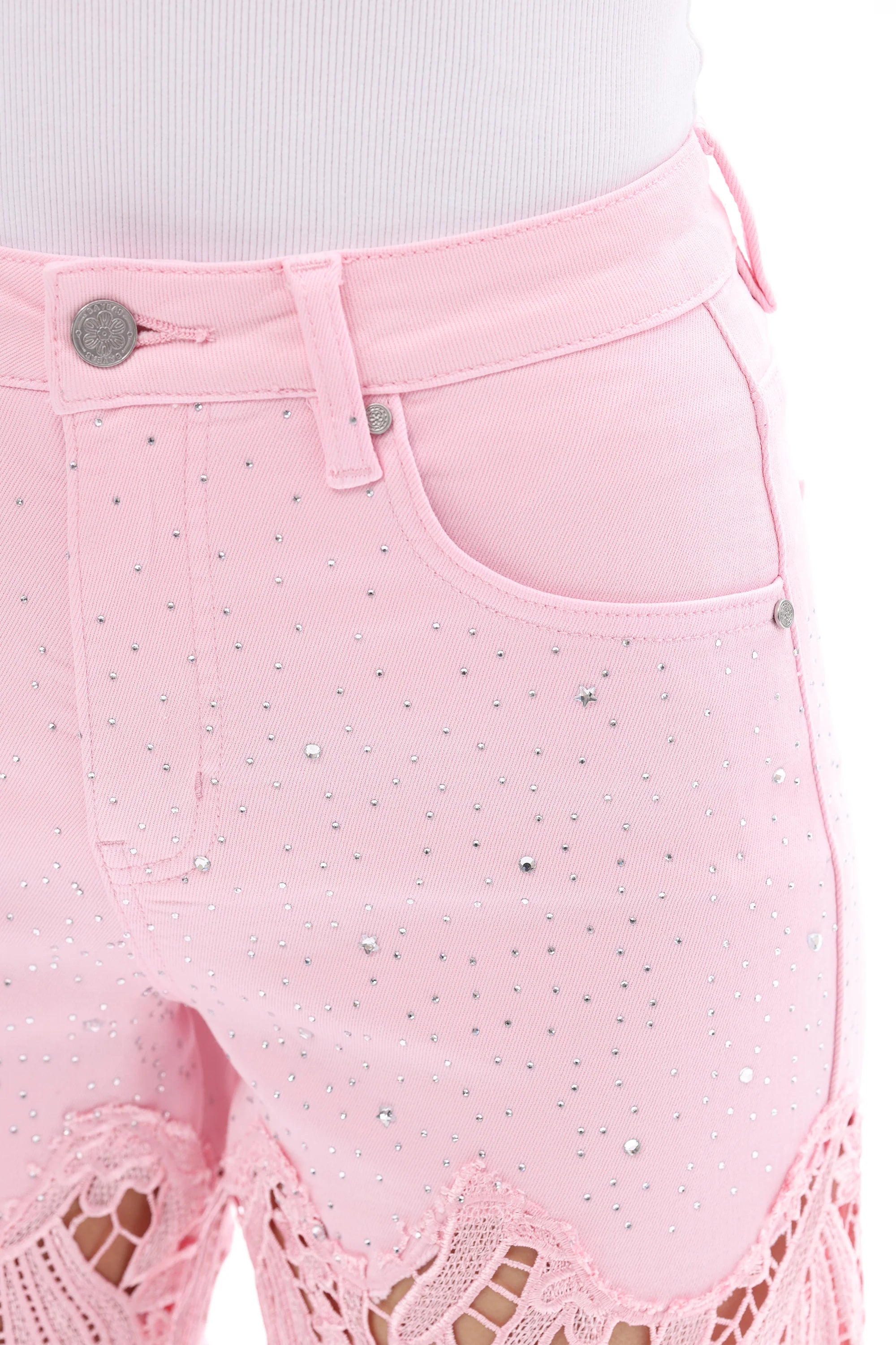Summer Pink Embroidered Lace Denim Rhinestone Jeans