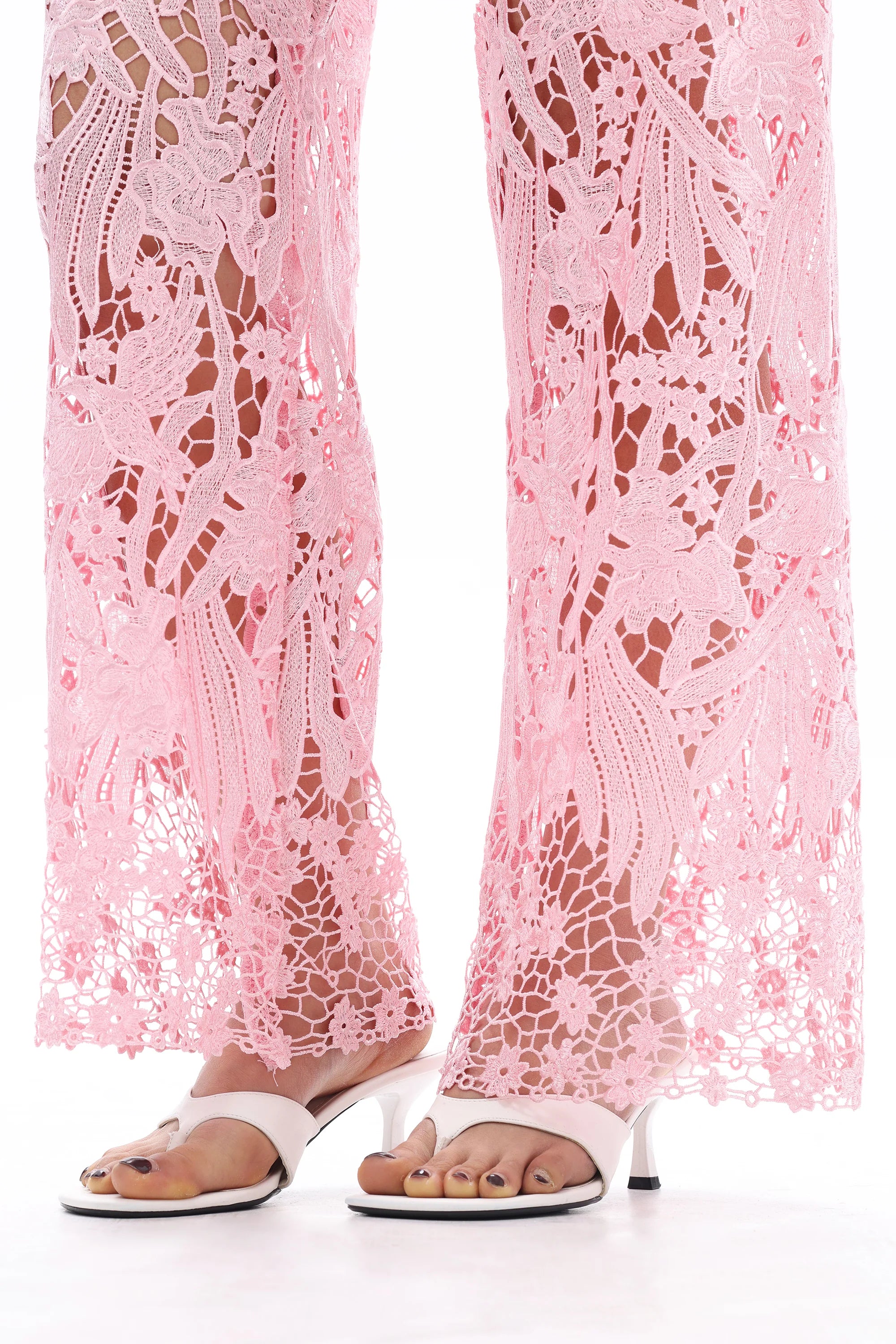 Summer Pink Embroidered Lace Denim Rhinestone Jeans
