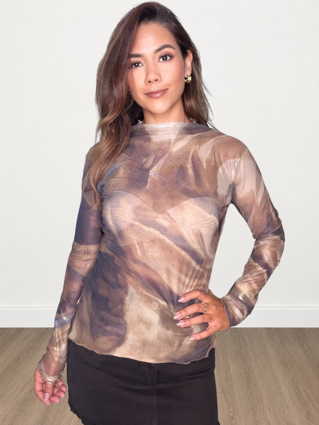 Ruffled Mock Neck Mesh Top