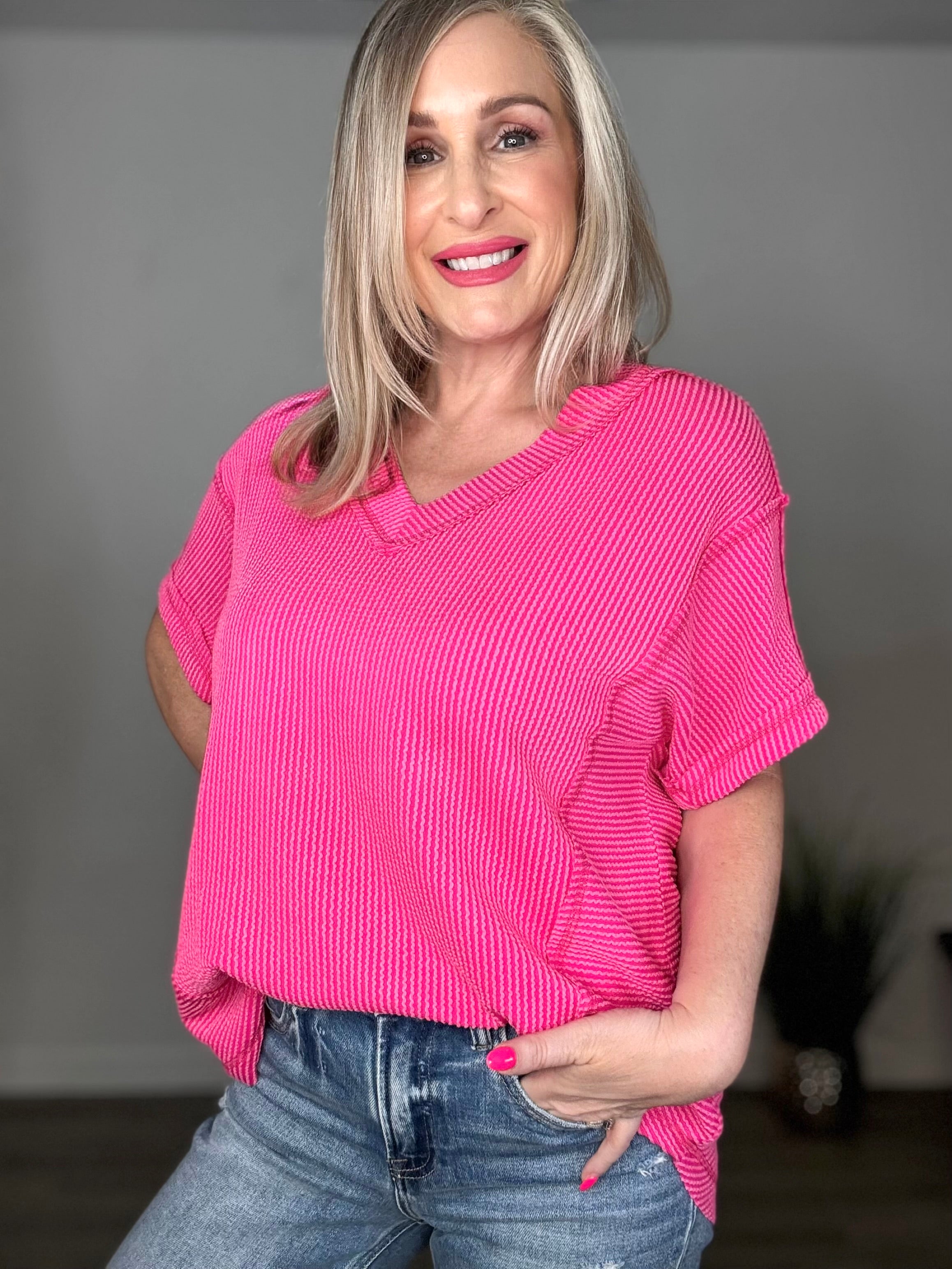 Textured Ribbed Knit V-Neck Top