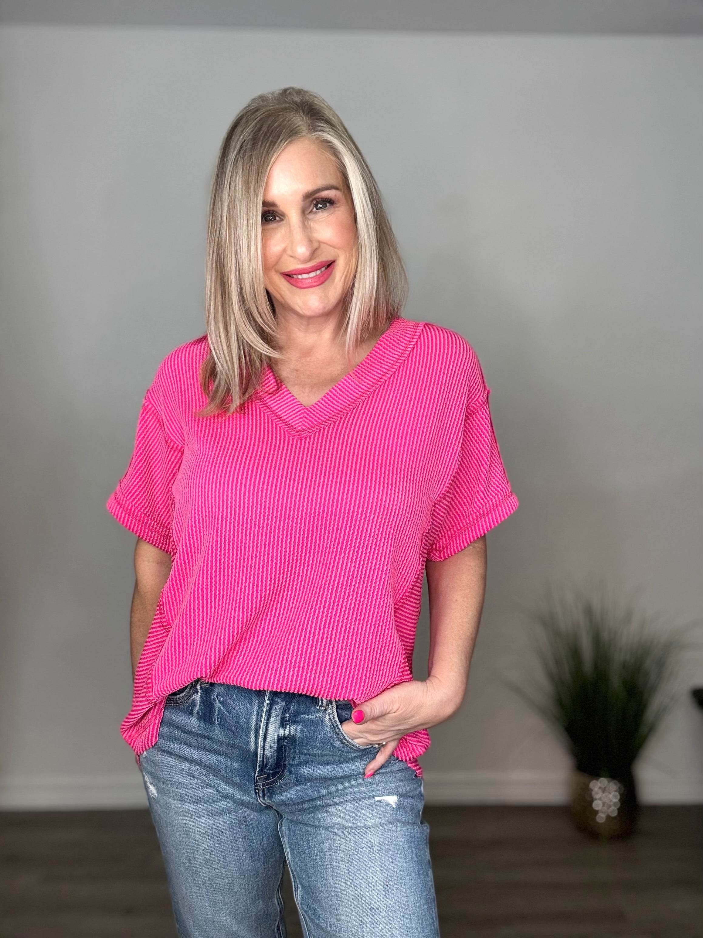 Textured Ribbed Knit V-Neck Top