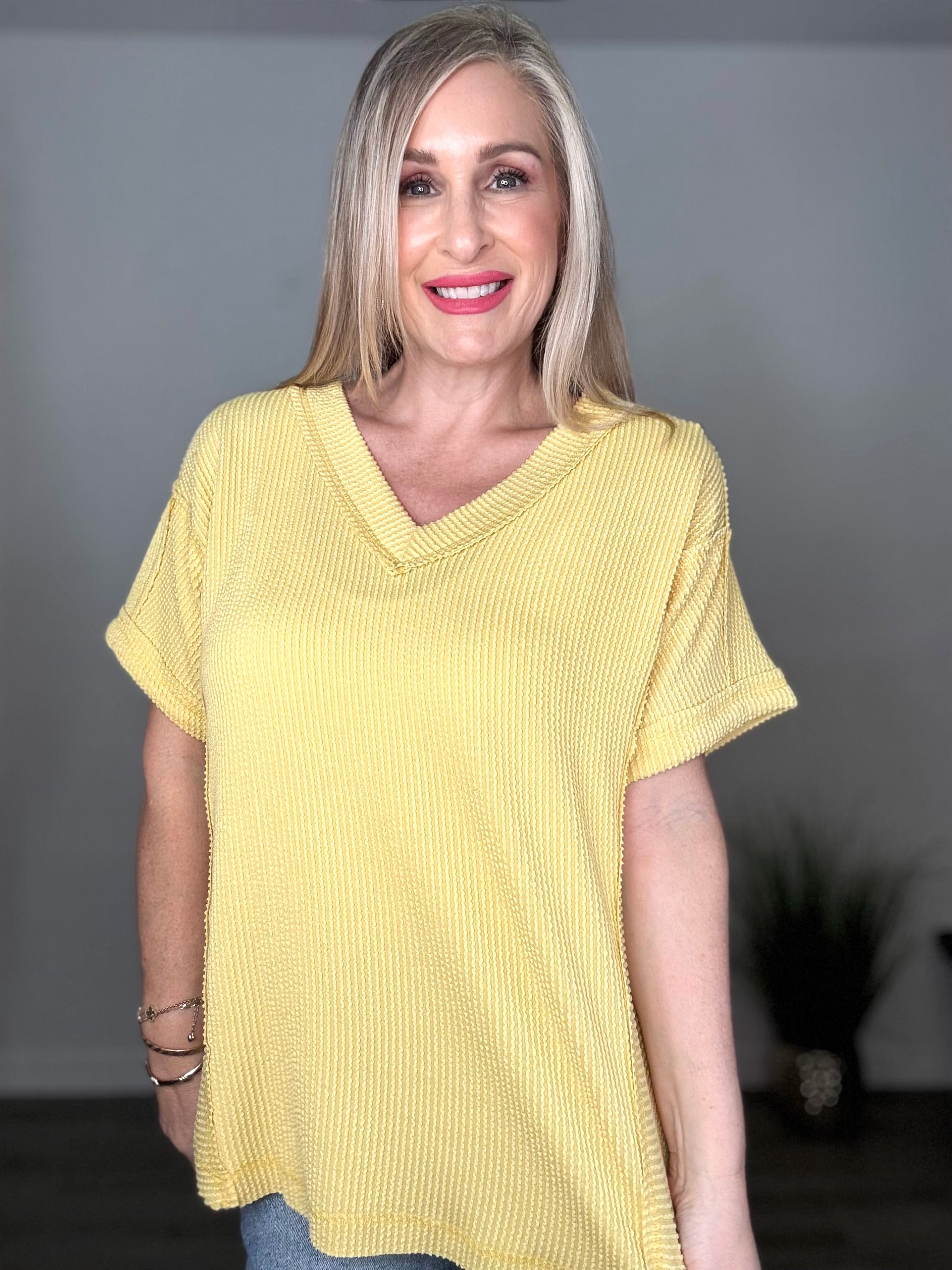 Textured Ribbed Knit V-Neck Top