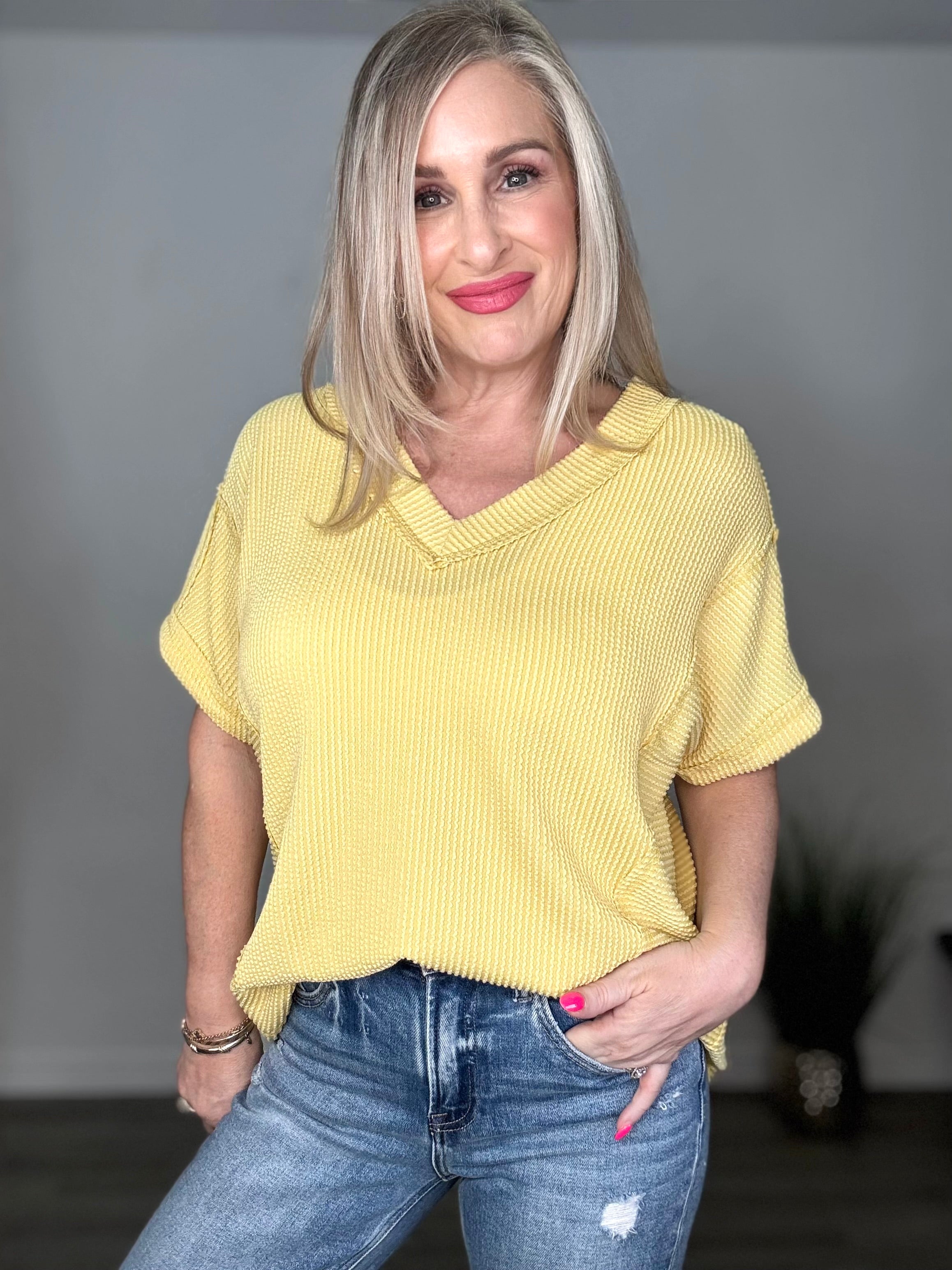 Textured Ribbed Knit V-Neck Top