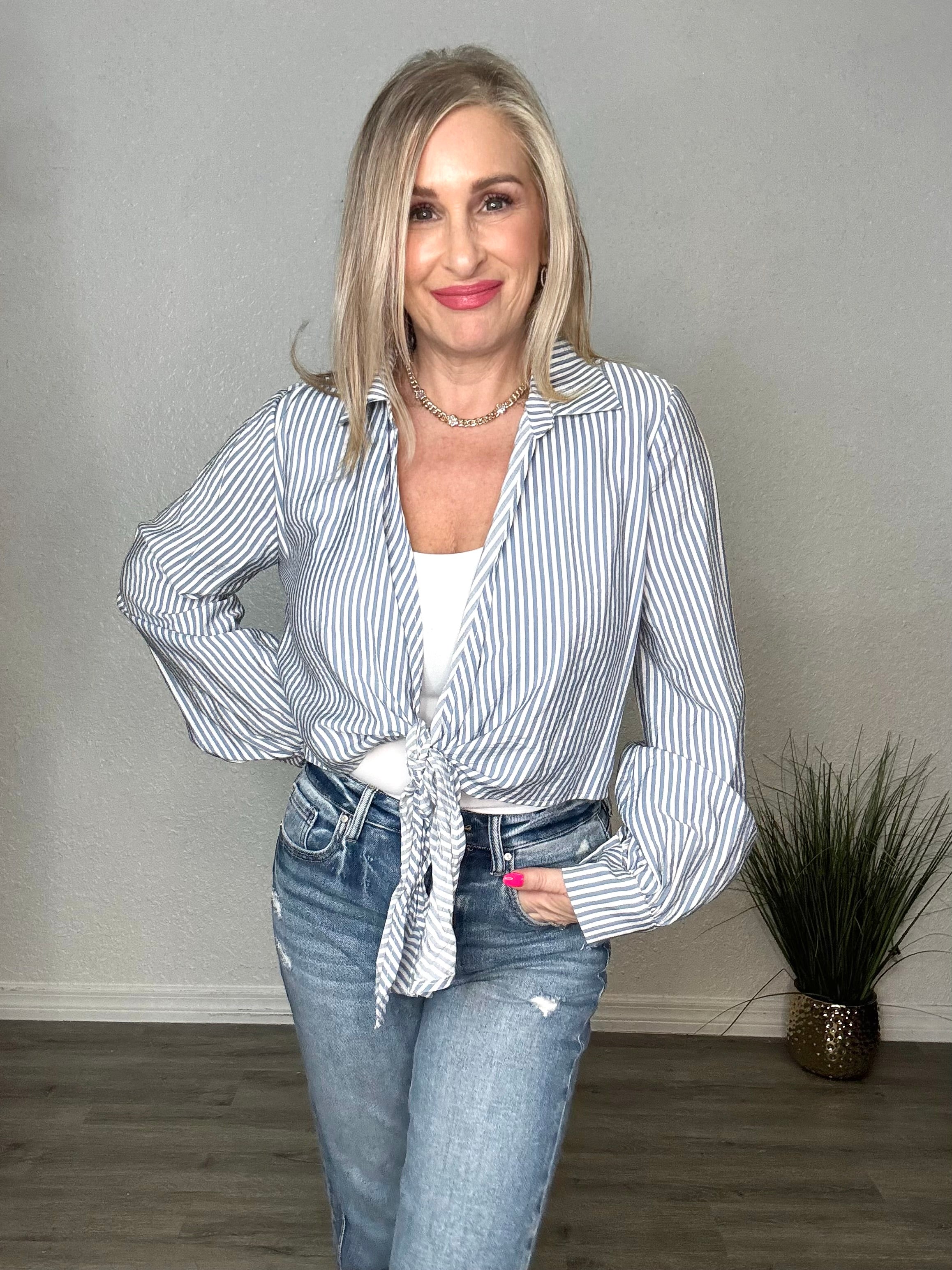 Blue & White Striped Tie-Front Crop Top