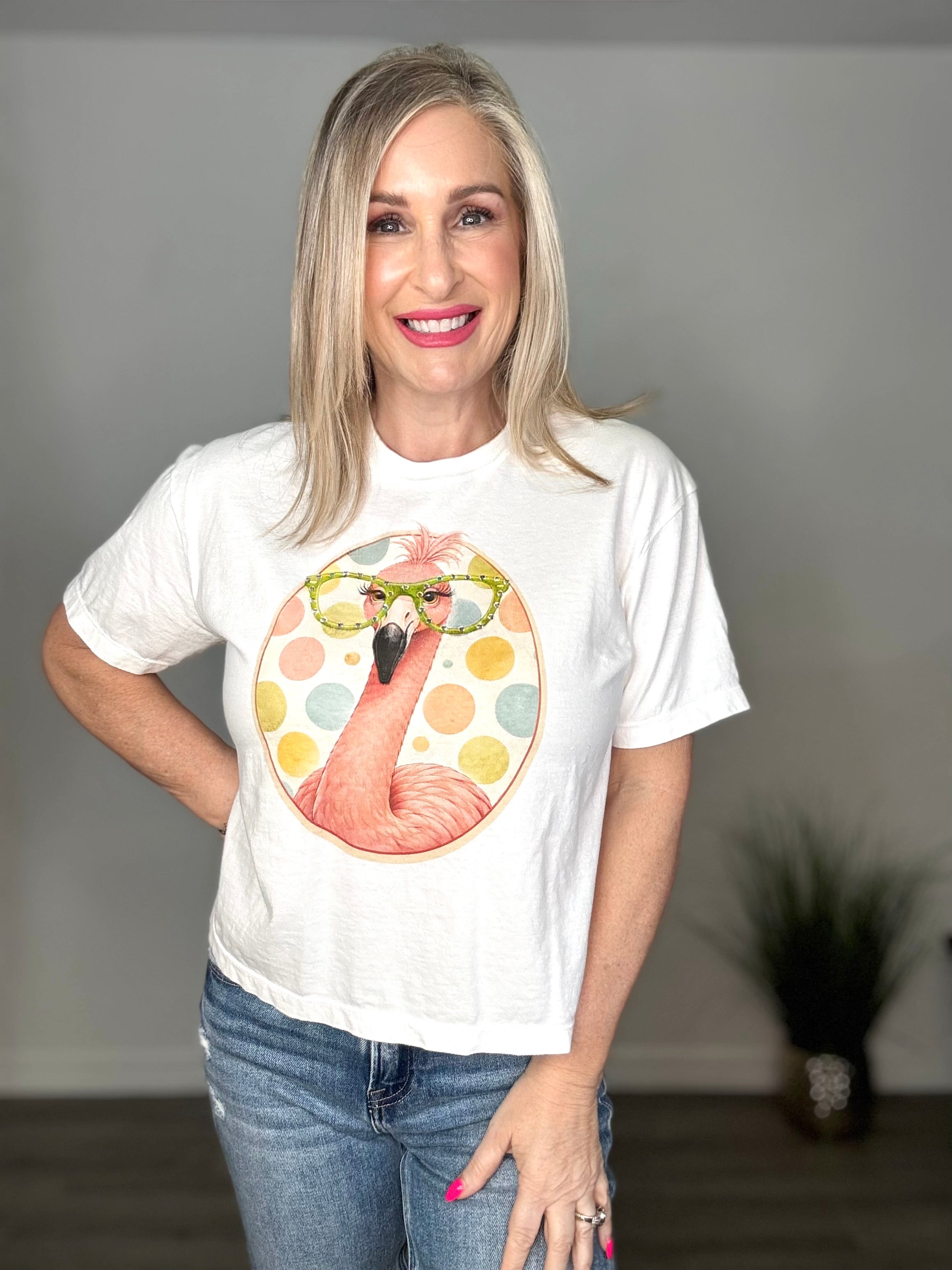 Flamingo Rhinestone Specs Graphic Tee Top