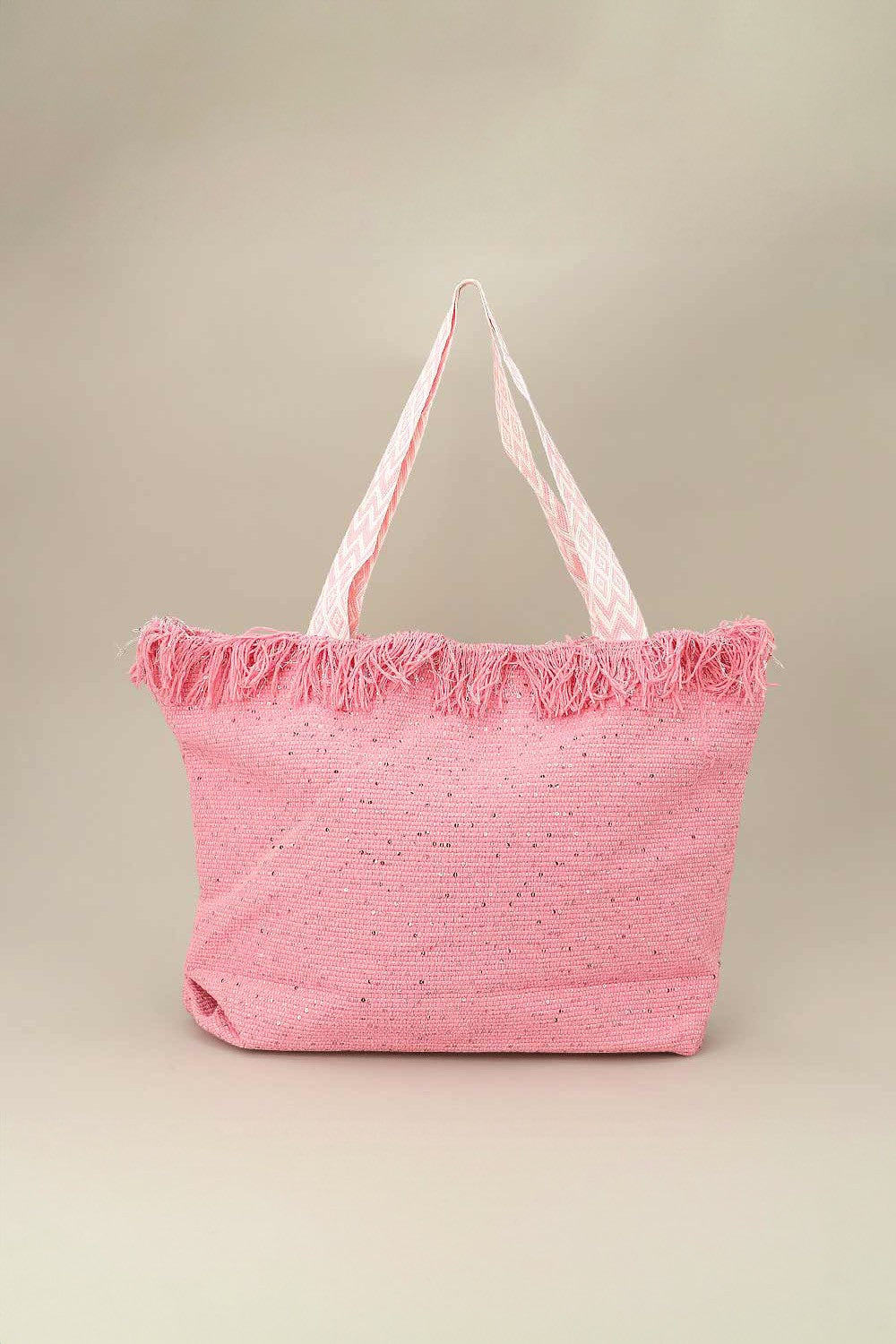 Sequin Embellished Large Woven Frayed Shoulder Tote Bag