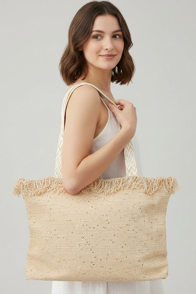 Sequin Embellished Large Woven Frayed Shoulder Tote Bag