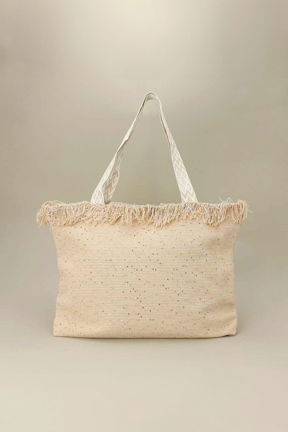 Sequin Embellished Large Woven Frayed Shoulder Tote Bag