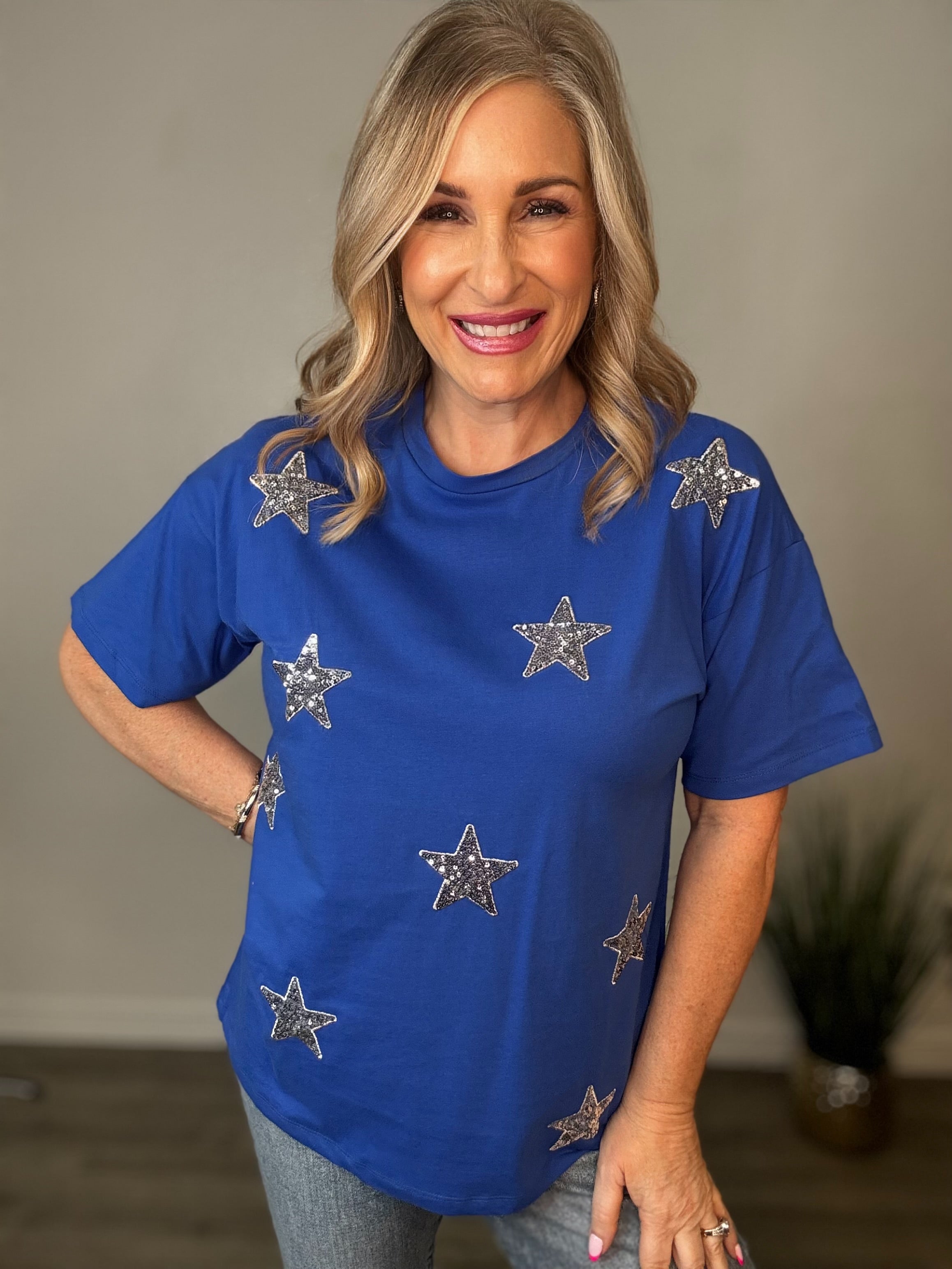 Star Sequin Detail Crew Neck Top