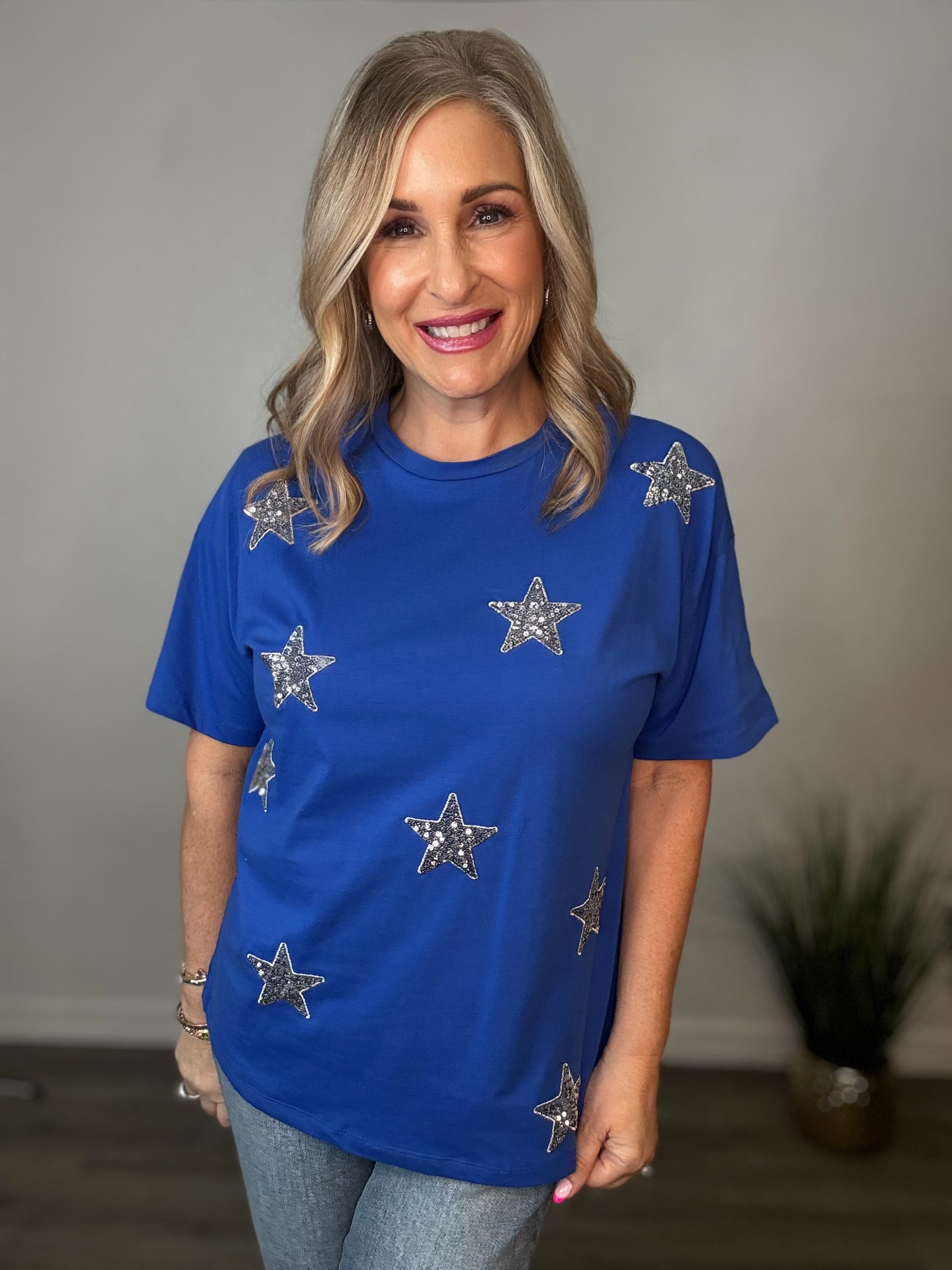 Star Sequin Detail Crew Neck Top