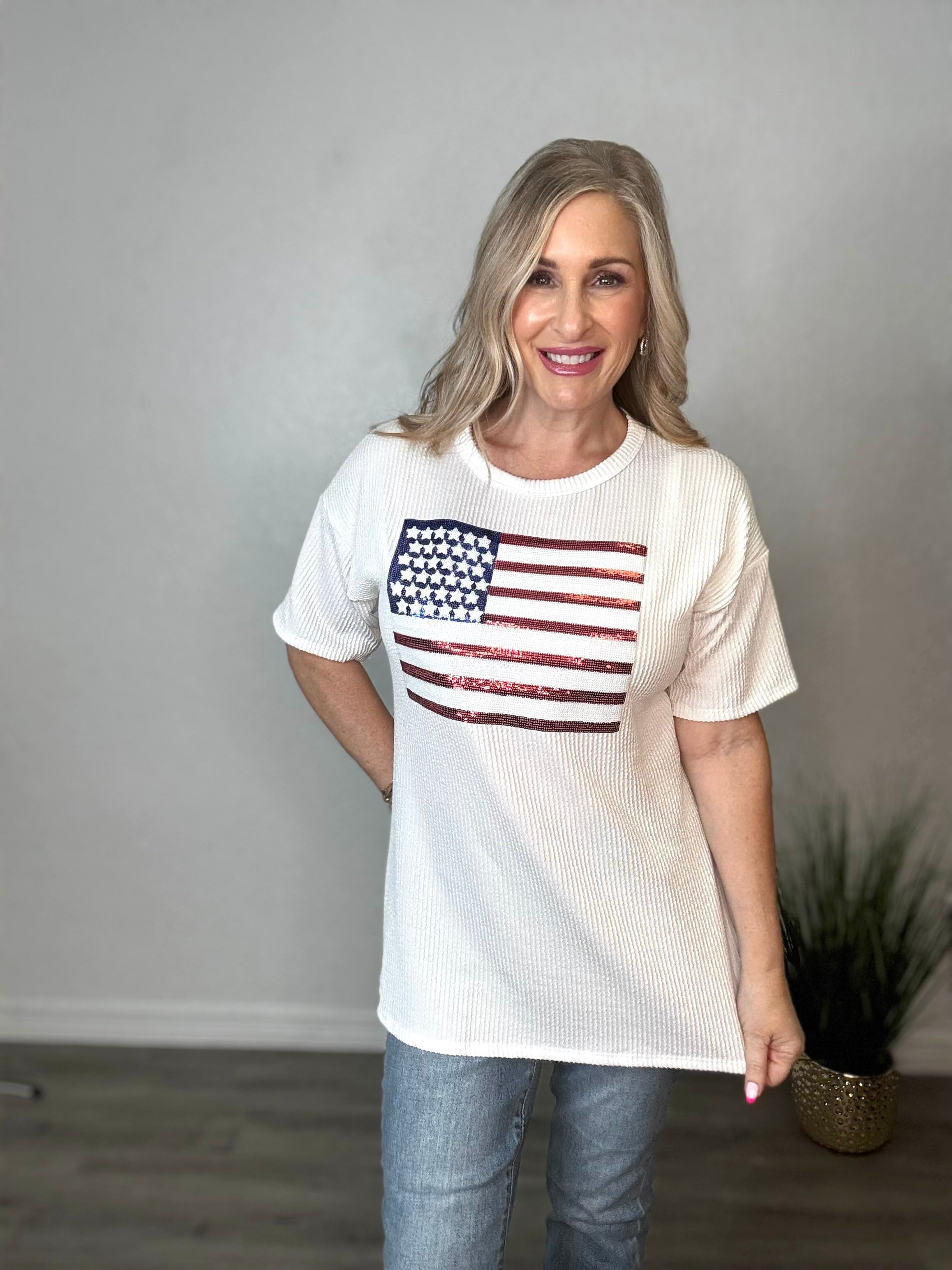 Sequin American Flag Patch Ribbed Top