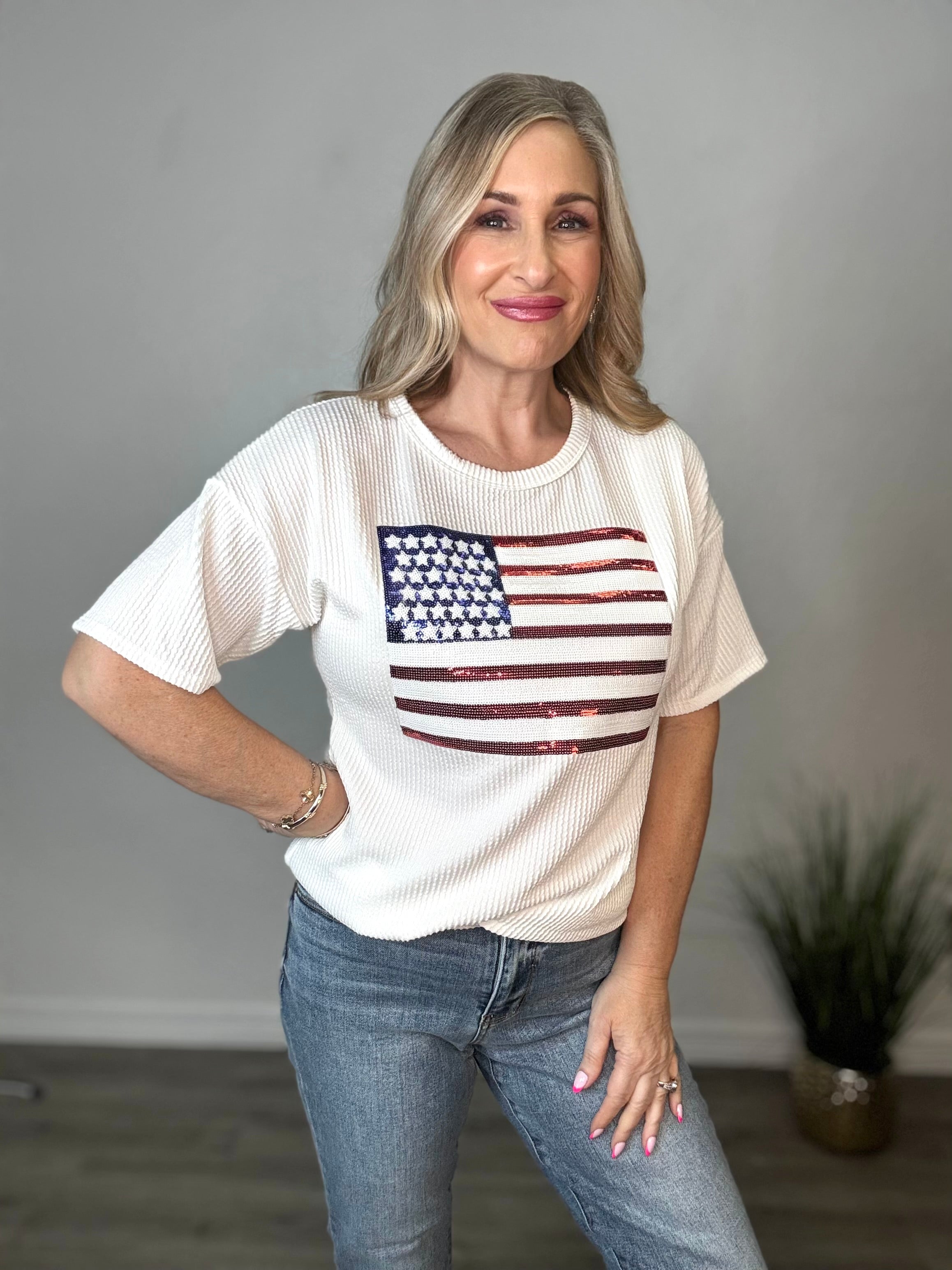 Sequin American Flag Patch Ribbed Top