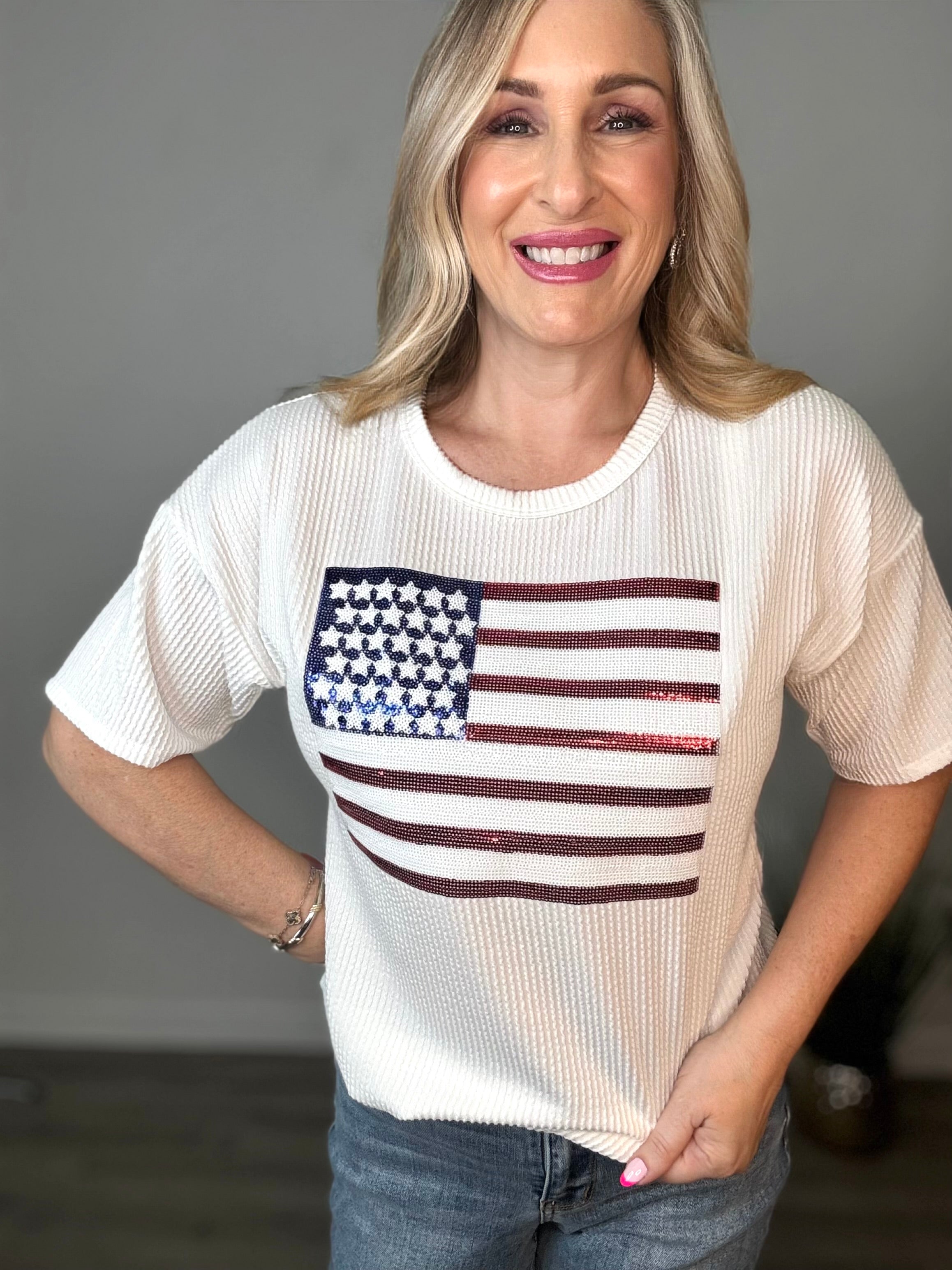 Sequin American Flag Patch Ribbed Top