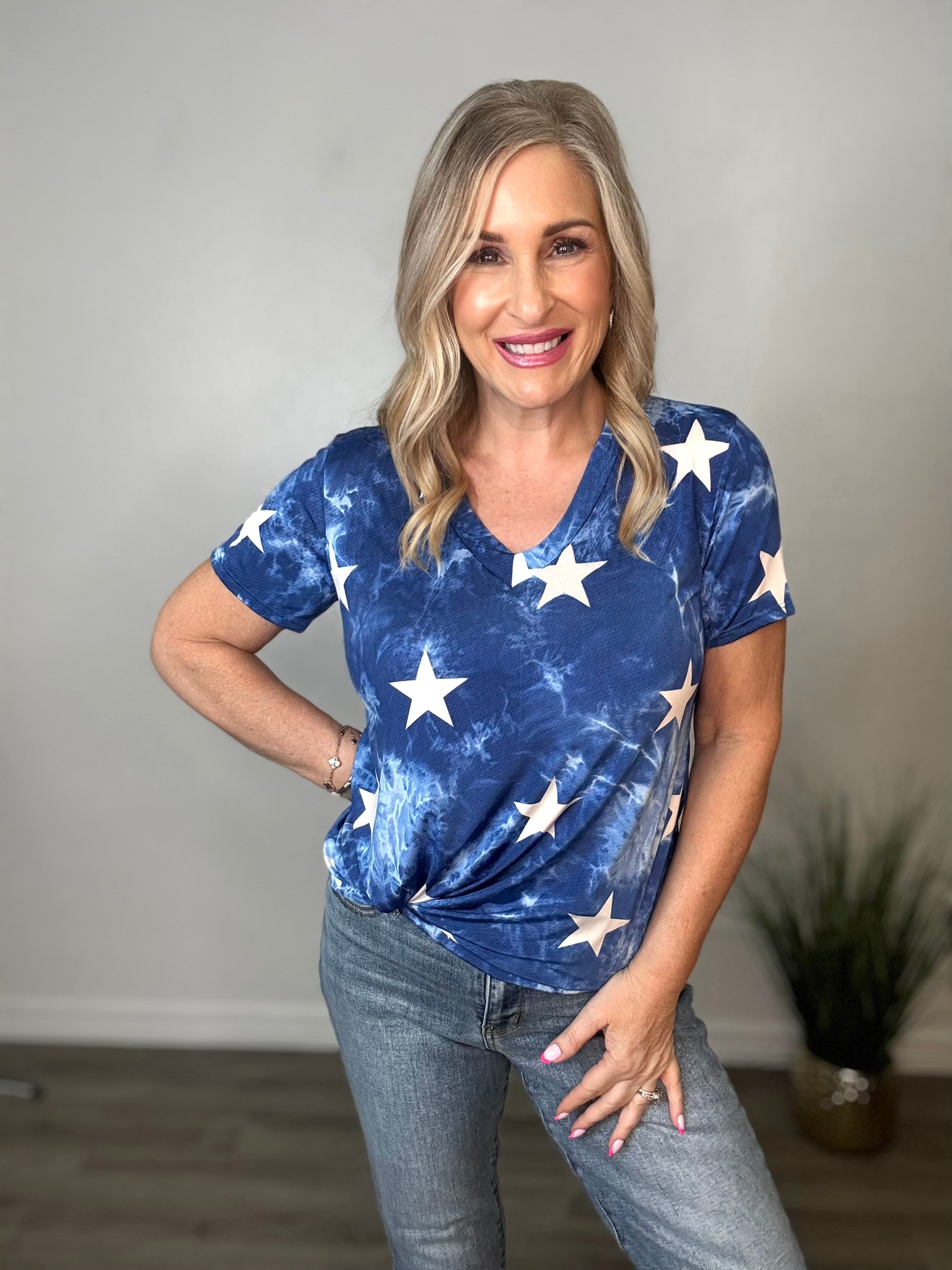 Star & Tie Dye Print V-Neck Top