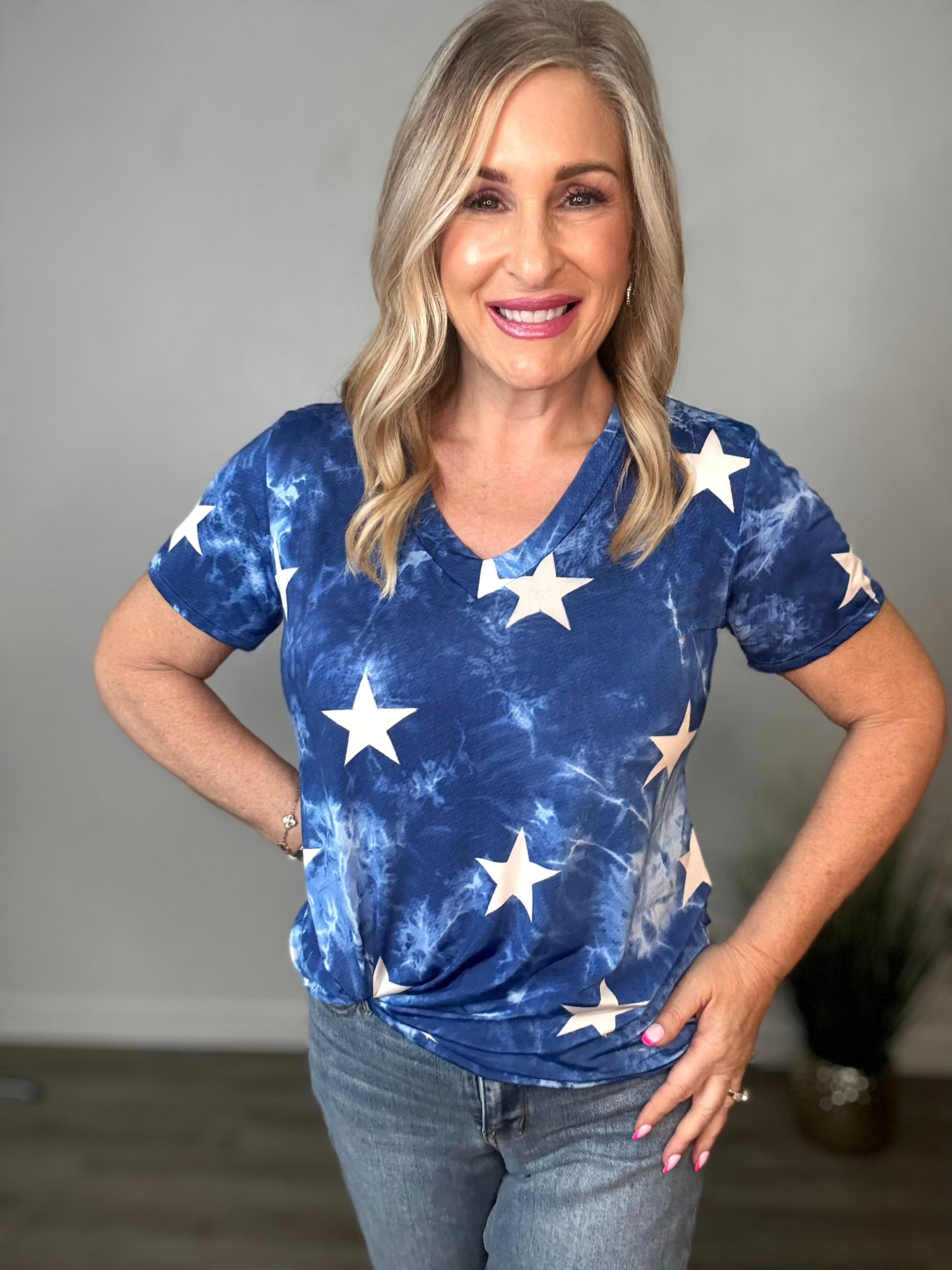 Star & Tie Dye Print V-Neck Top