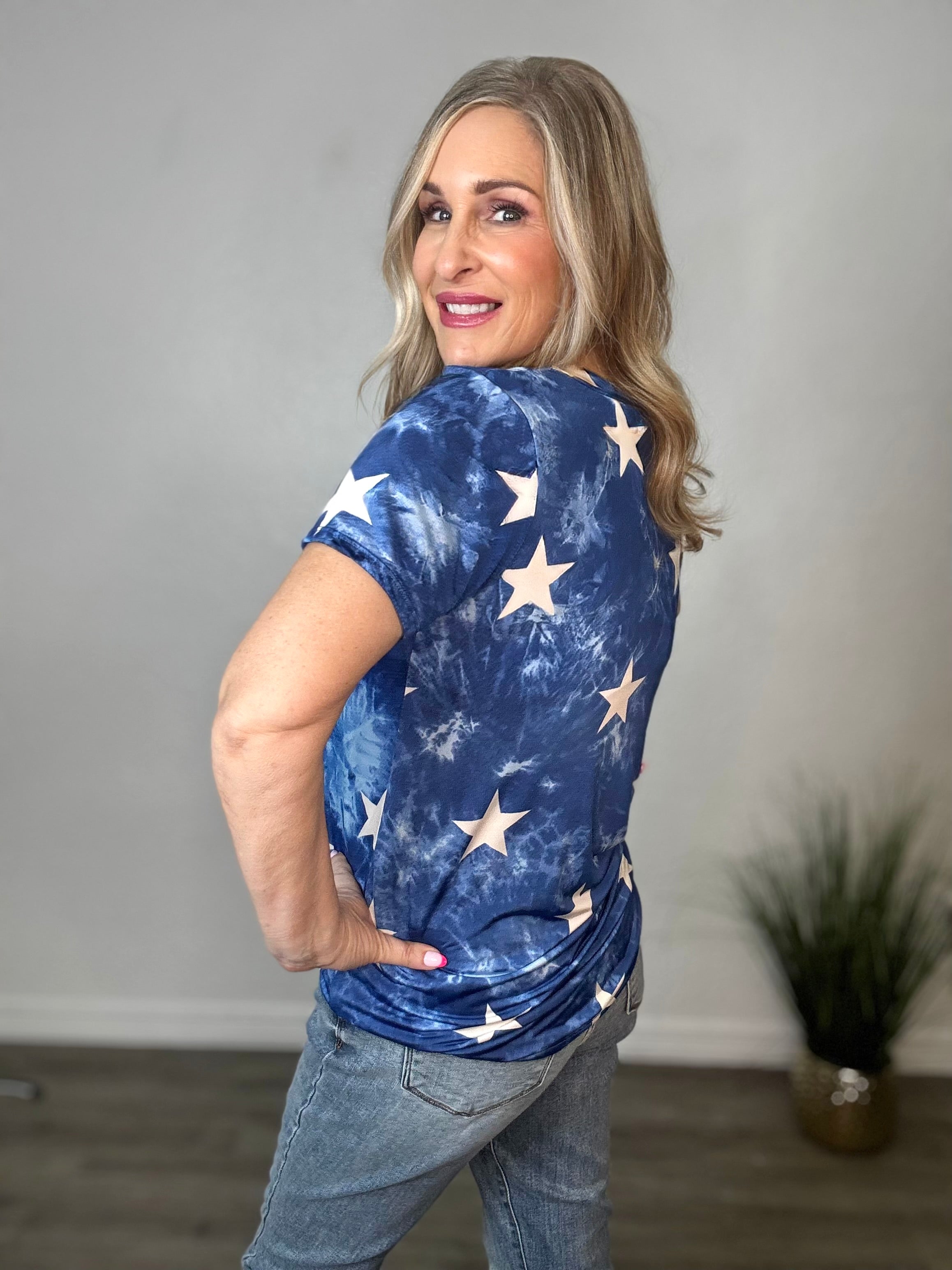 Star & Tie Dye Print V-Neck Top