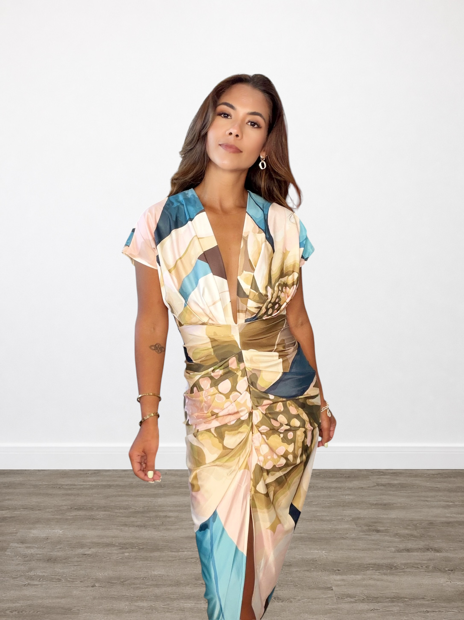 Floral Deep V-Neck Pleated Draped Midi Dress with Front Slit