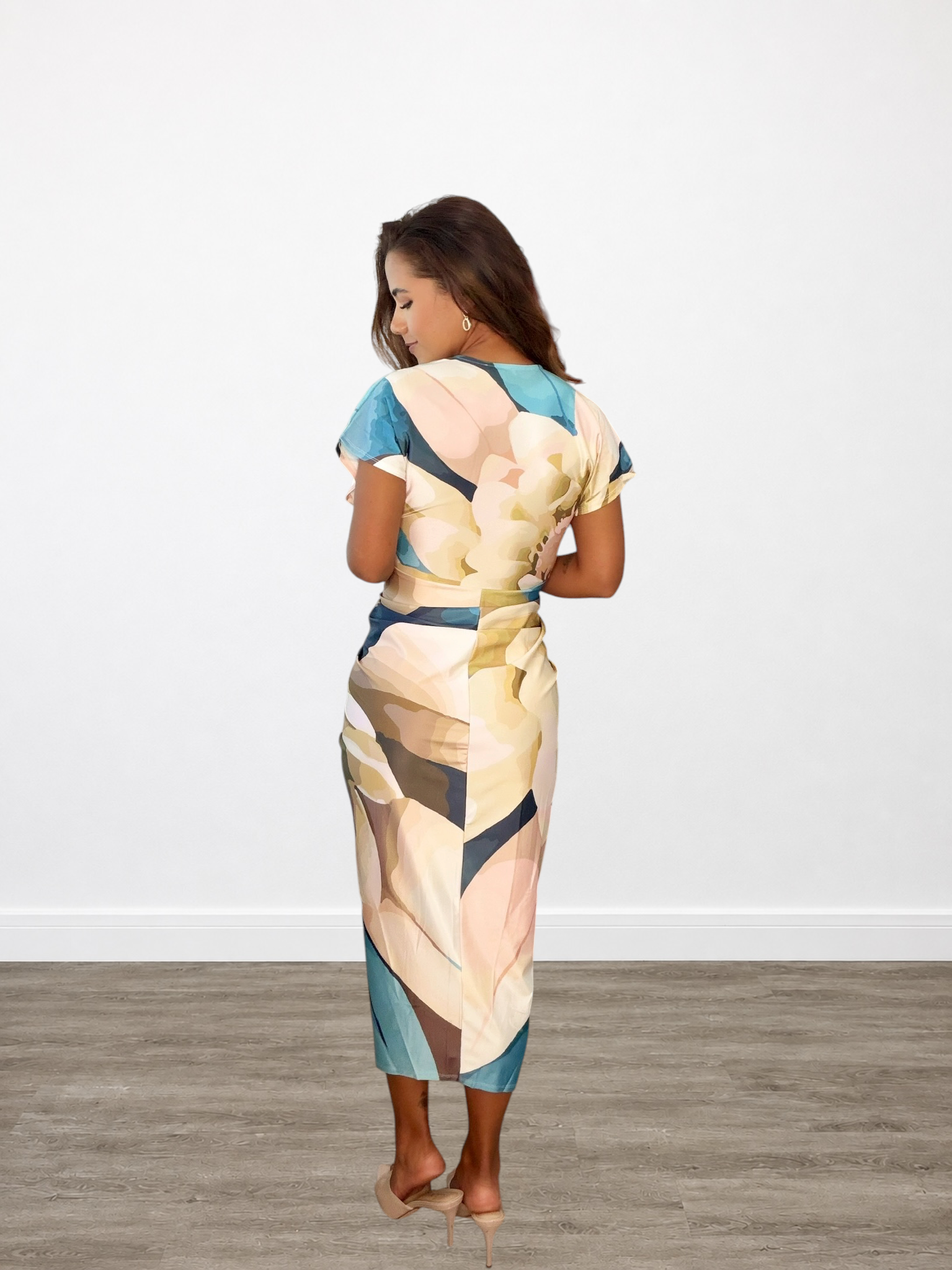 Floral Deep V-Neck Pleated Draped Midi Dress with Front Slit