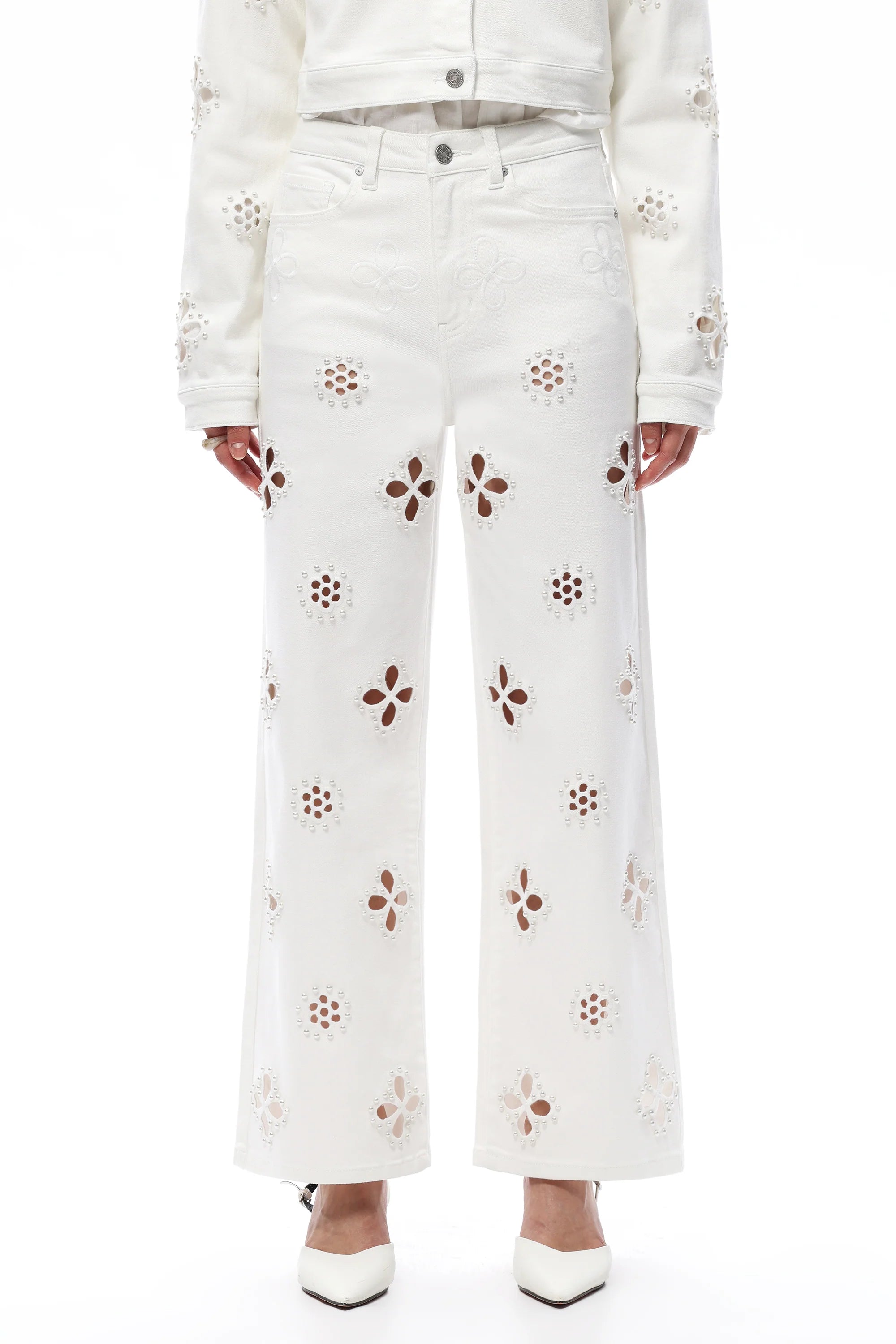 White Pearl Flower Embroidered High Rise Straight Leg Jeans