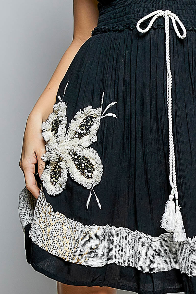 Embroidered Tassel & Sequin Smocked Mini Dress by Pol
