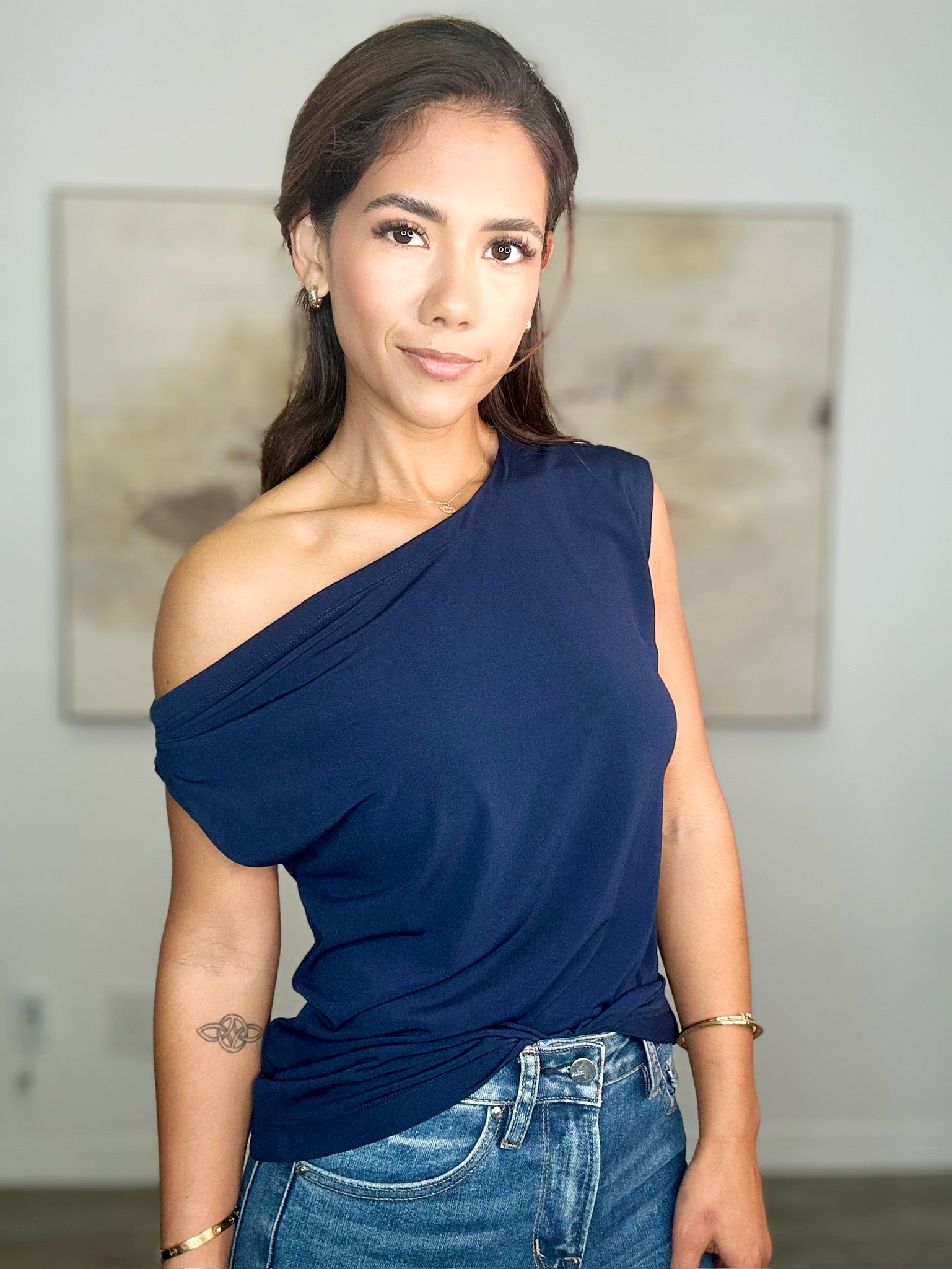 Navy Boat Neck Asymmetric Off-Shoulder Top