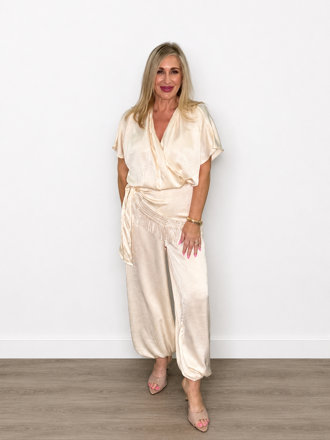 Surplice V-Neck Fringe Trim Wide-Leg Jumpsuit