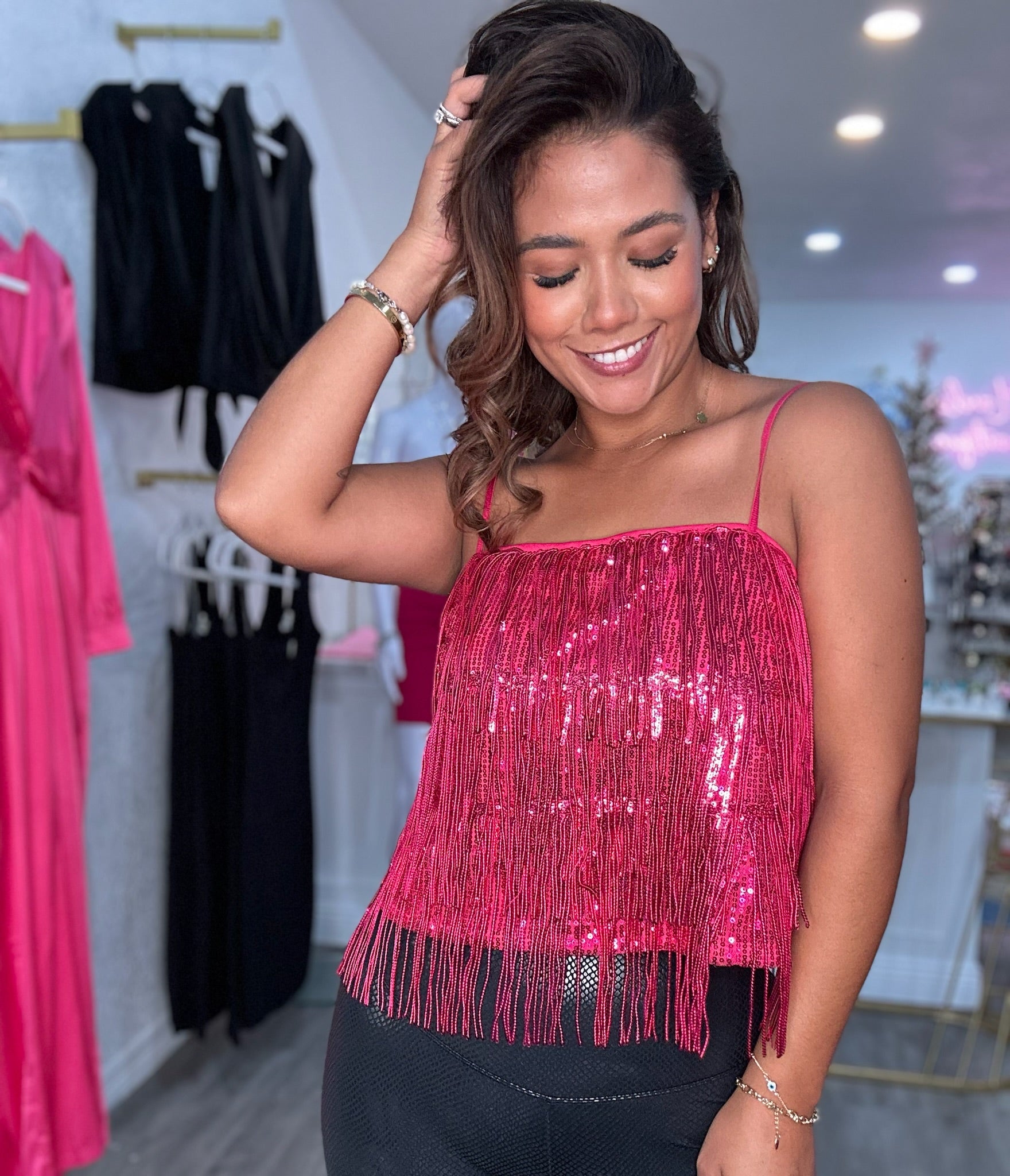 Sequin Tiered Fringe Cami Tank