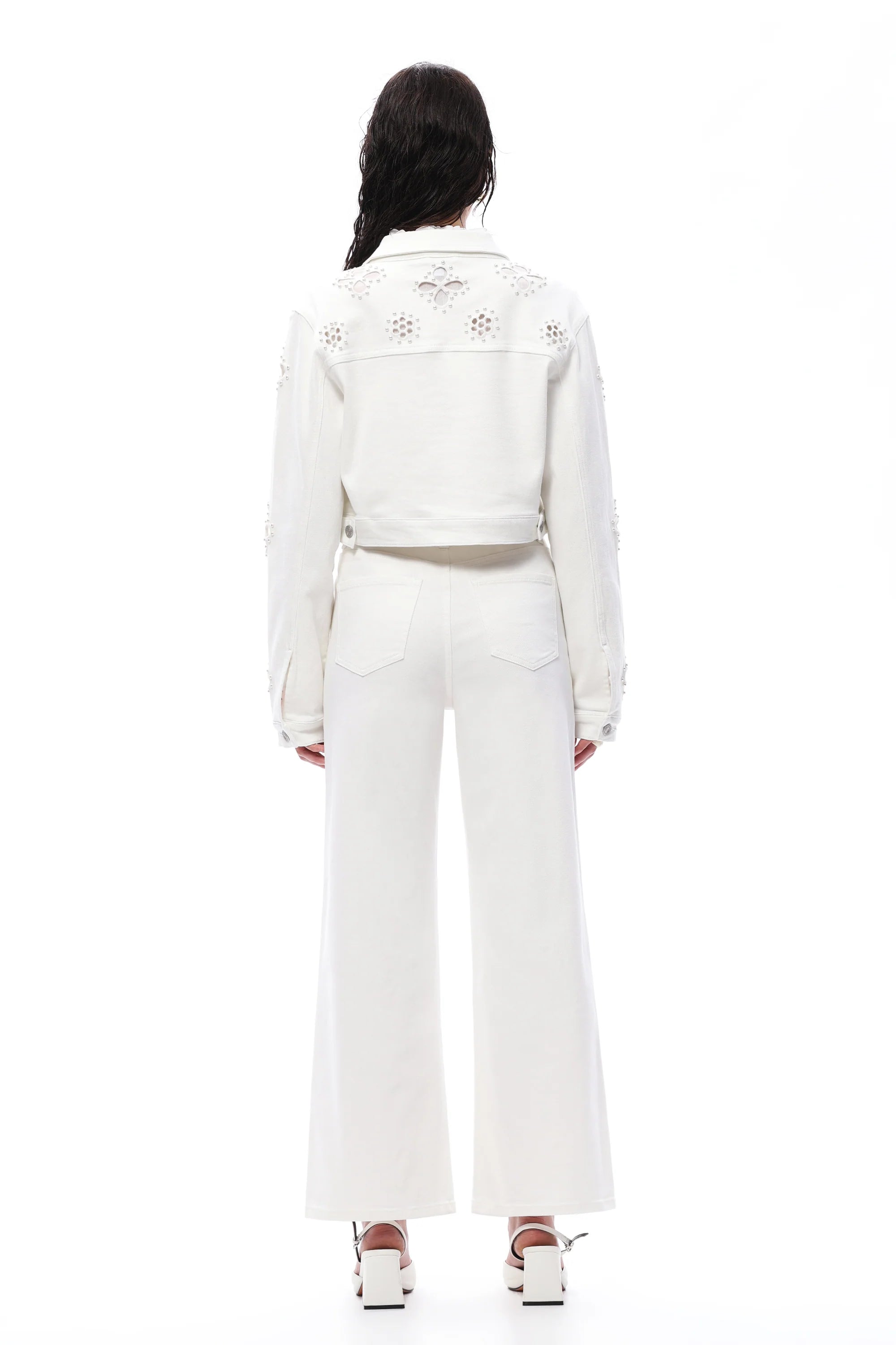 White Pearl Flower Embroidered High Rise Straight Leg Jeans