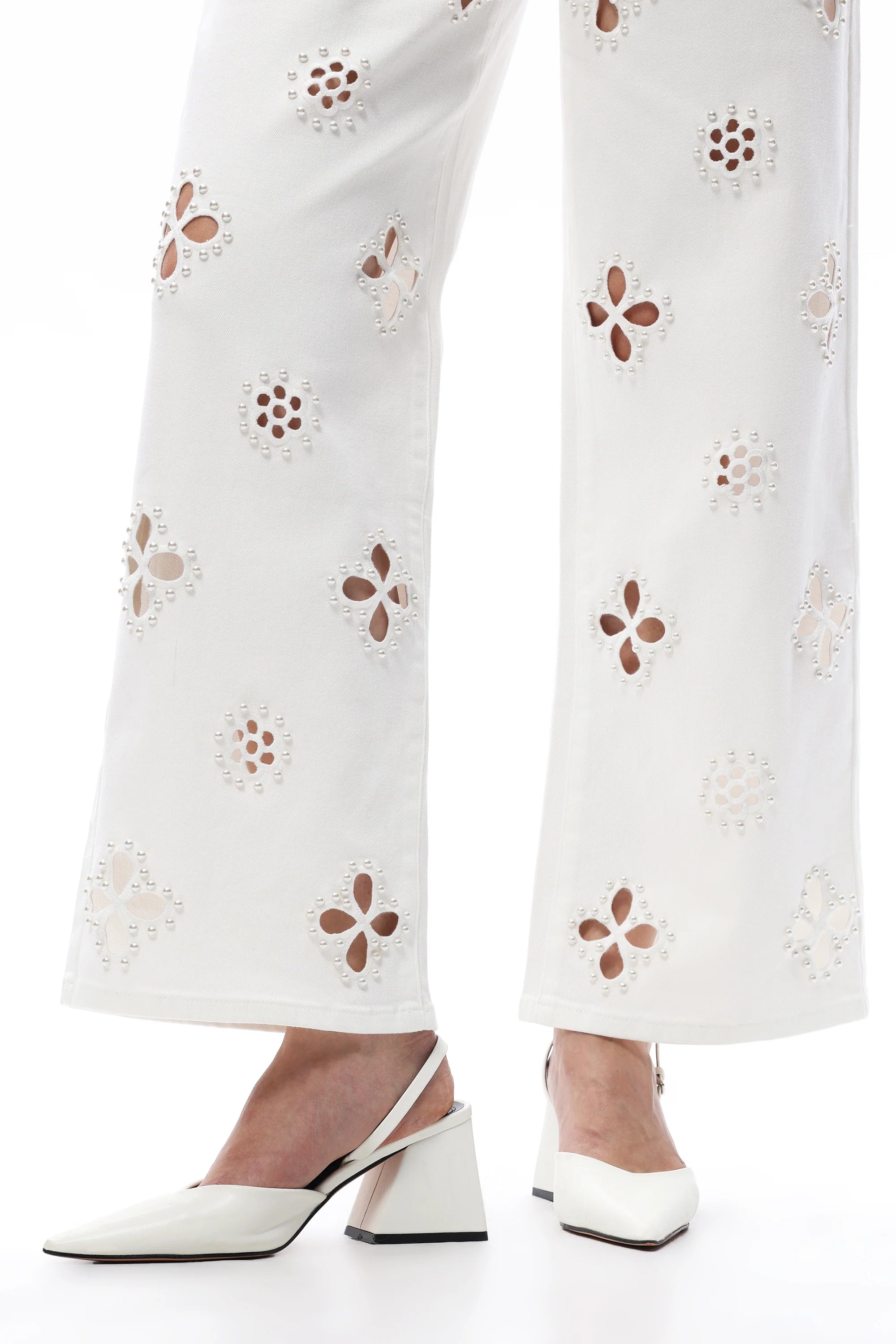 White Pearl Flower Embroidered High Rise Straight Leg Jeans