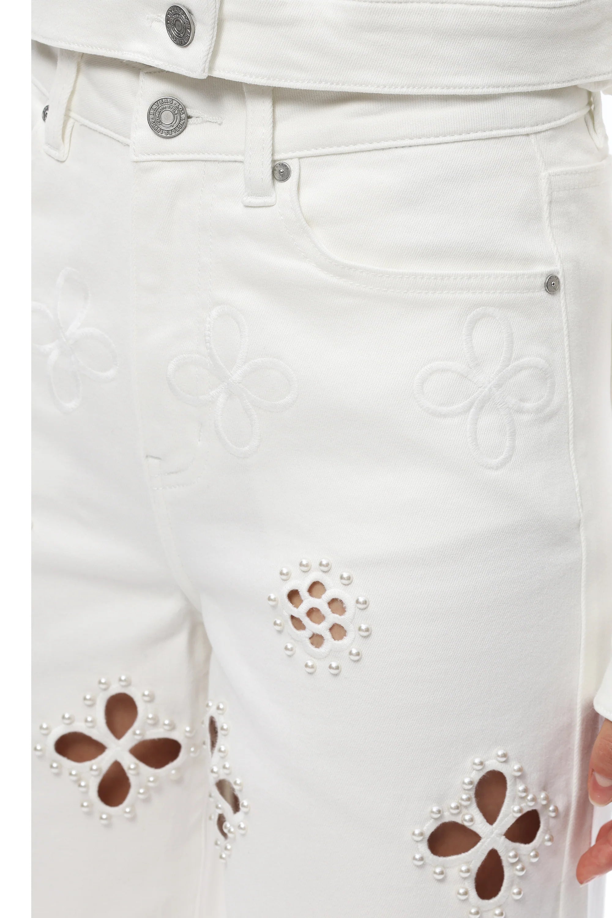 White Pearl Flower Embroidered High Rise Straight Leg Jeans