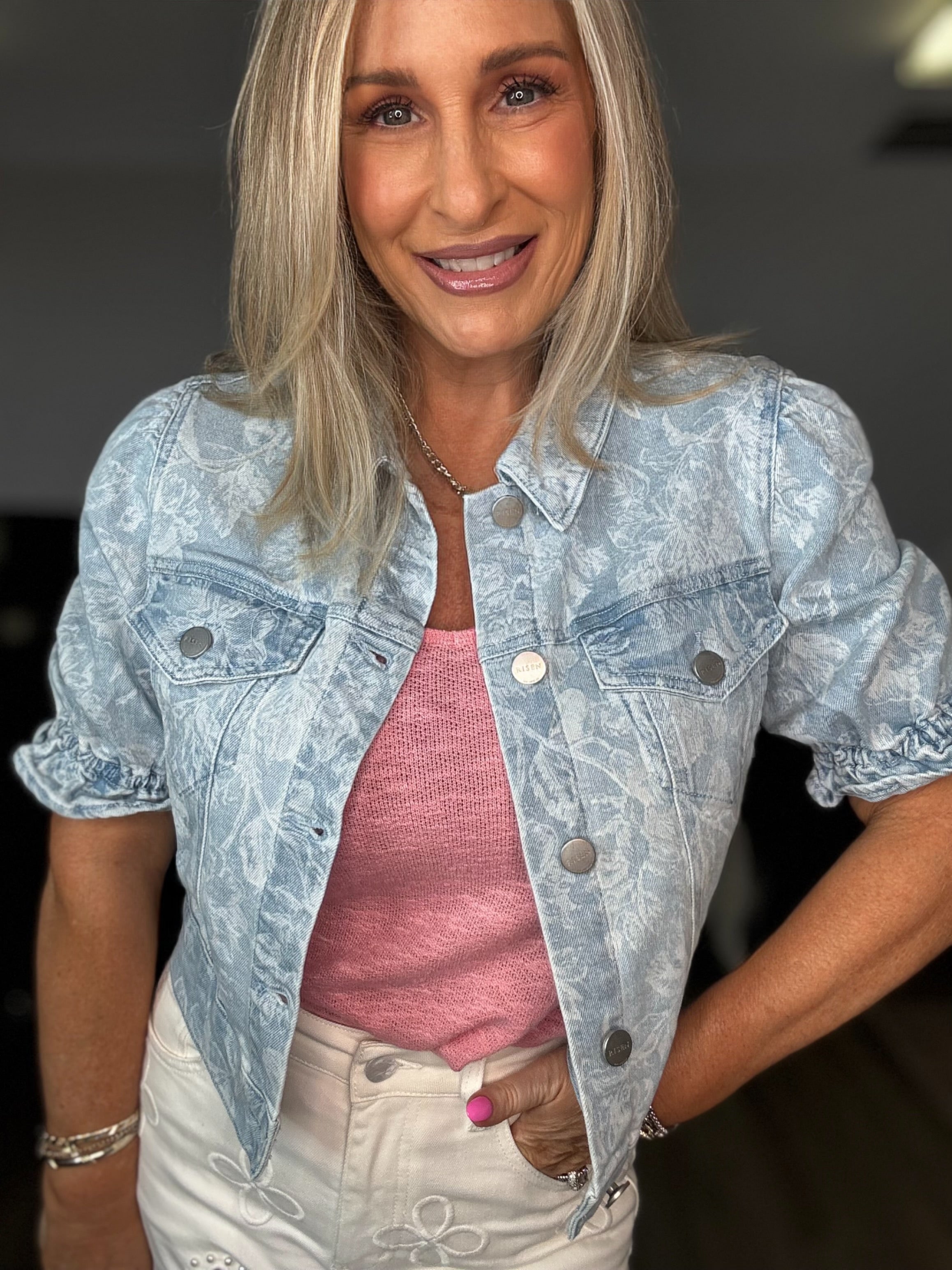 Floral Print Puff Sleeve Crop Denim Jacket