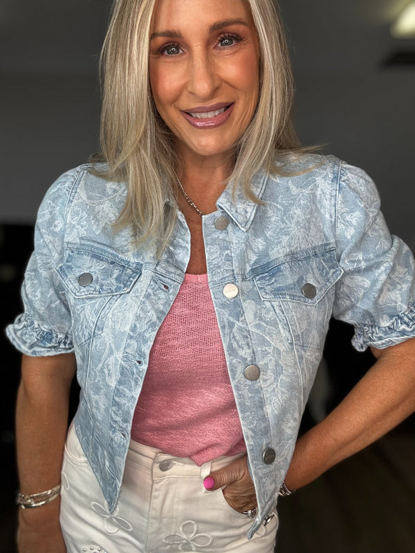 Floral Print Puff Sleeve Crop Denim Jacket