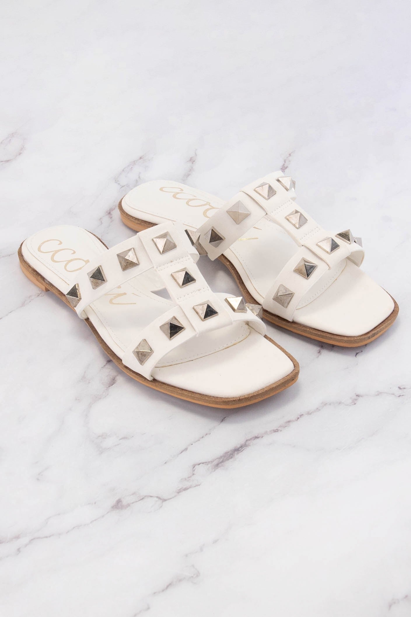 White Rock Stud H-Strap Flat Sandals