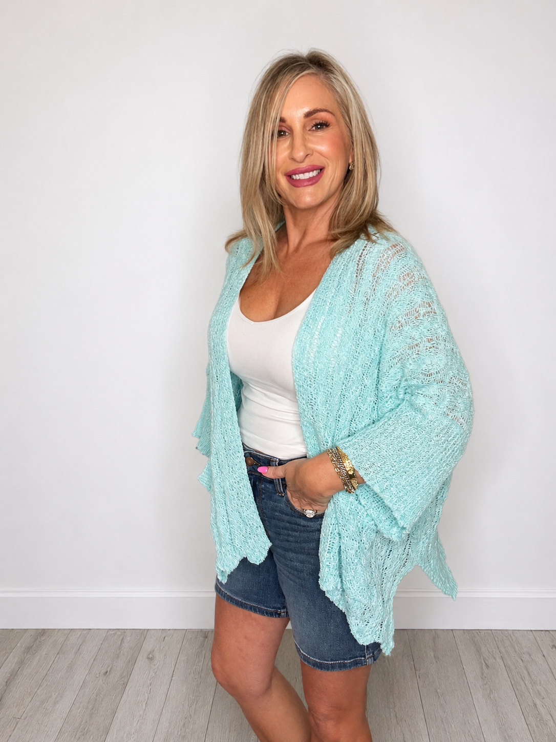 Cable Knit Open-Front Short Sleeve Cardigan by Pol
