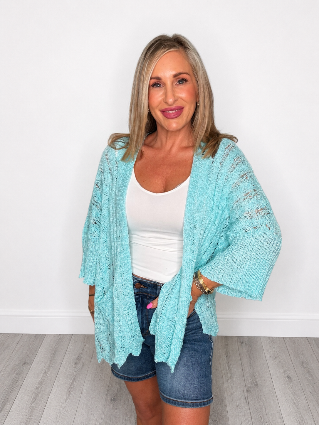 Cable Knit Open-Front Short Sleeve Cardigan by Pol
