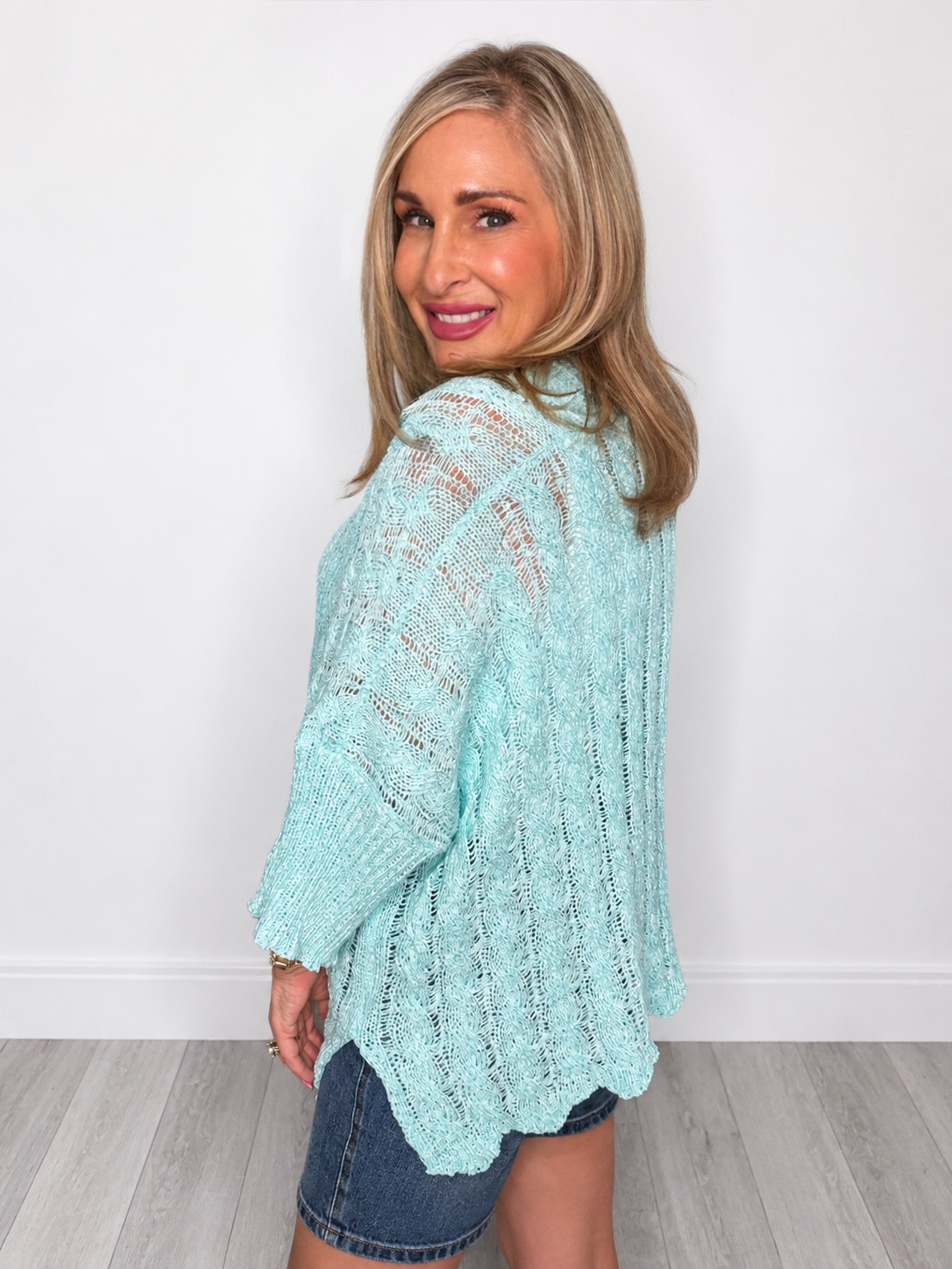 Cable Knit Open-Front Short Sleeve Cardigan by Pol
