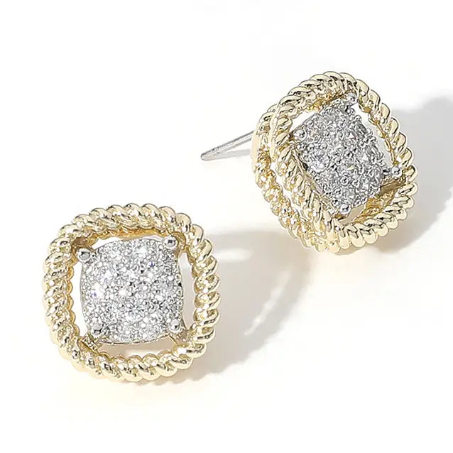 CZ Embellished Curved Square Stud Earrings