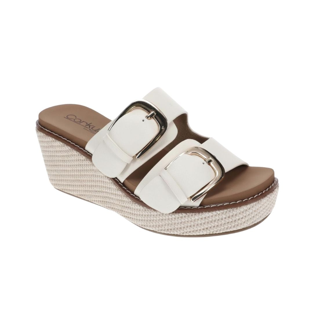 Corky's Ivory Double Buckle Wedge Sandals
