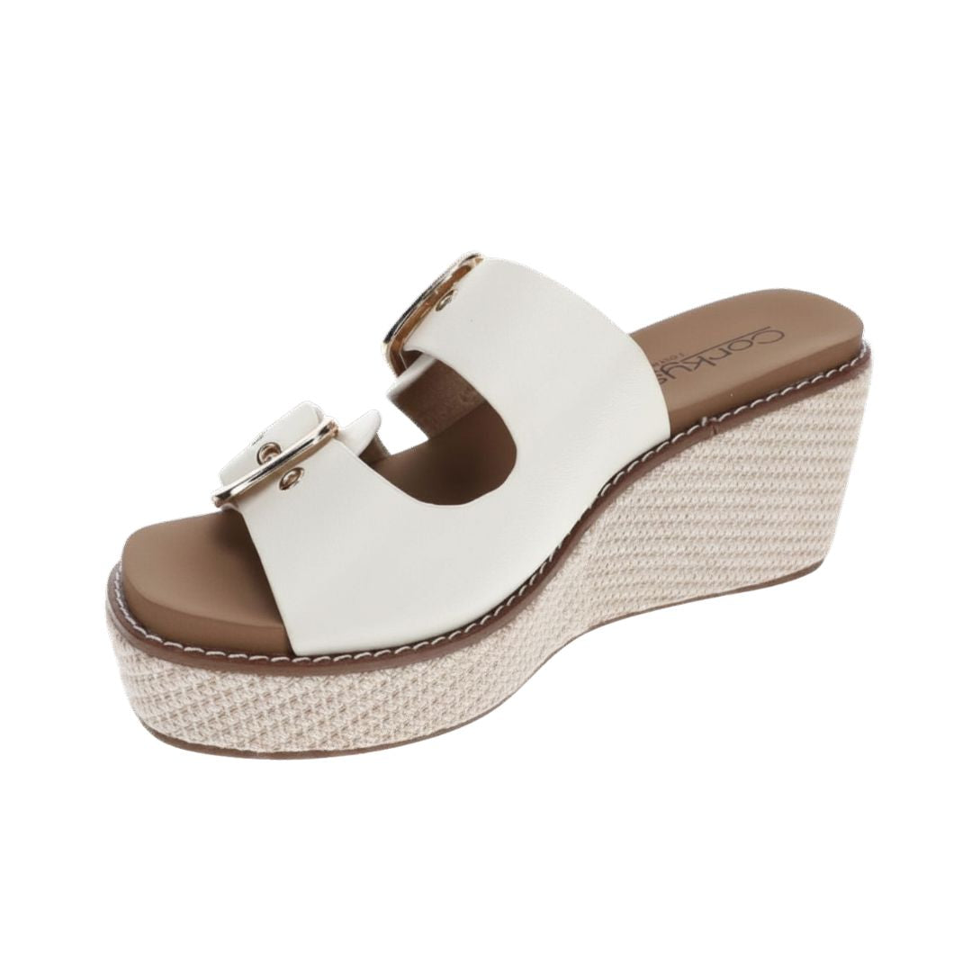 Corky's Ivory Double Buckle Wedge Sandals