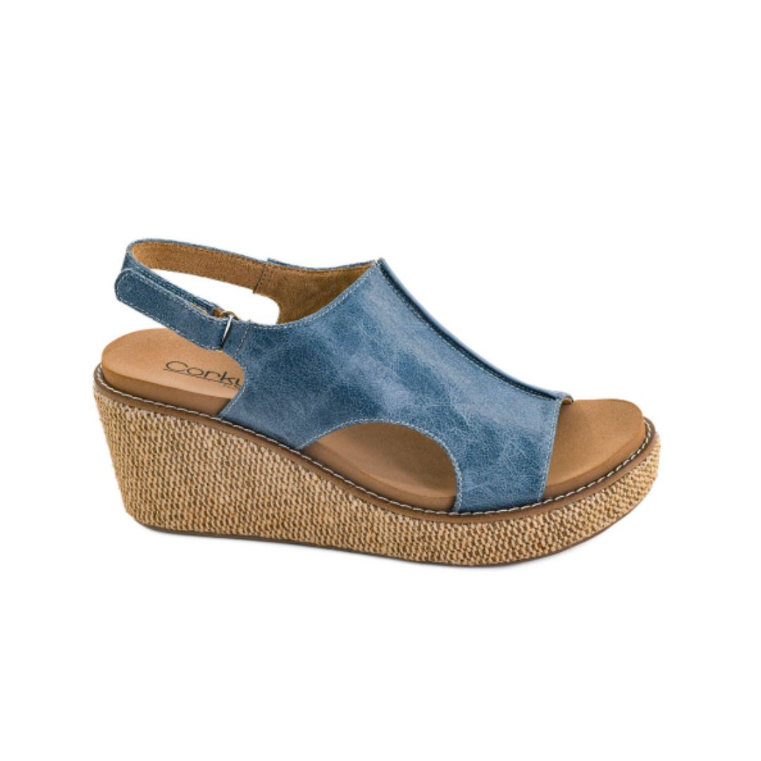 Corky's Ocean Blue Peek-a-Boo Cutout Slingback Wedge Sandals