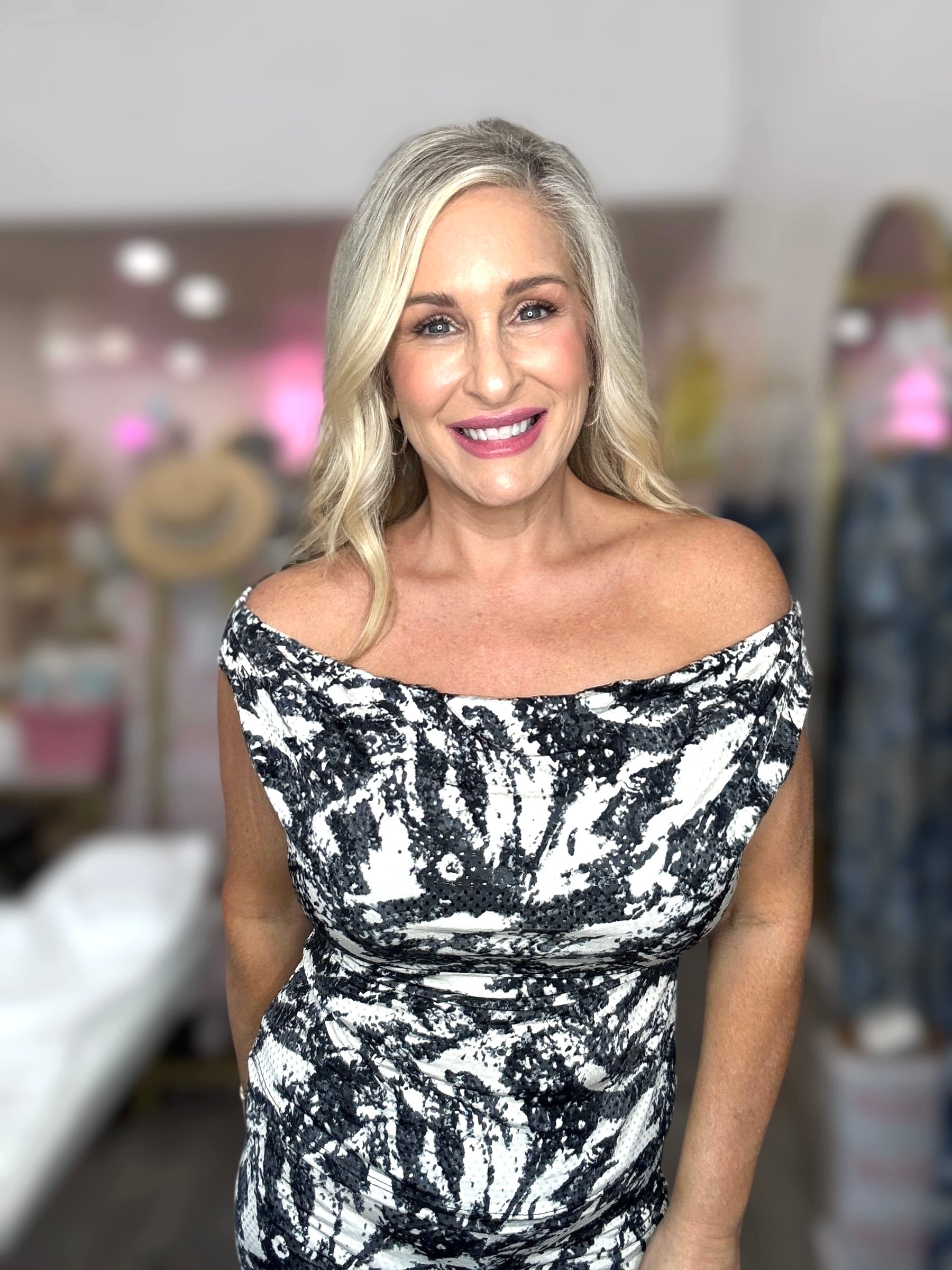 Off the Shoulder Abstract Sequin Top