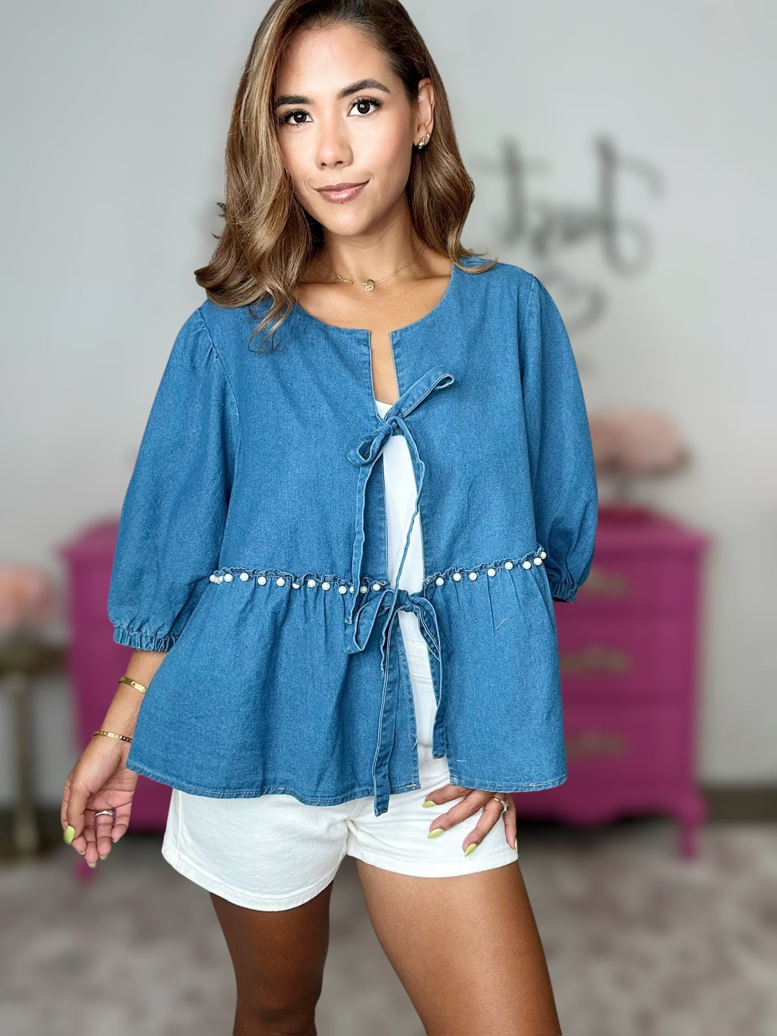 Rhinestone Detail Front Tie Denim Top