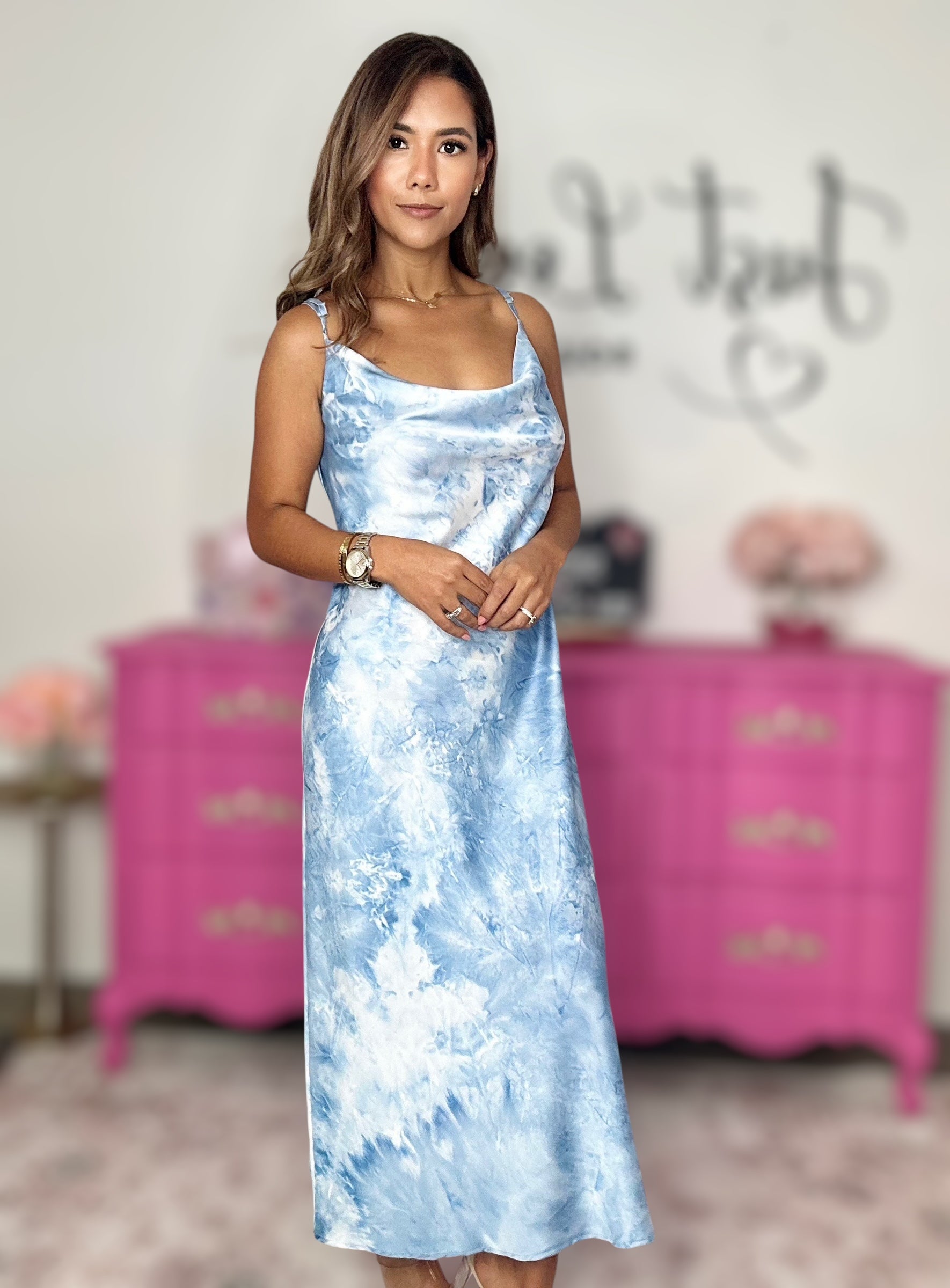 The Blue Cowl Neck Slinky Dress