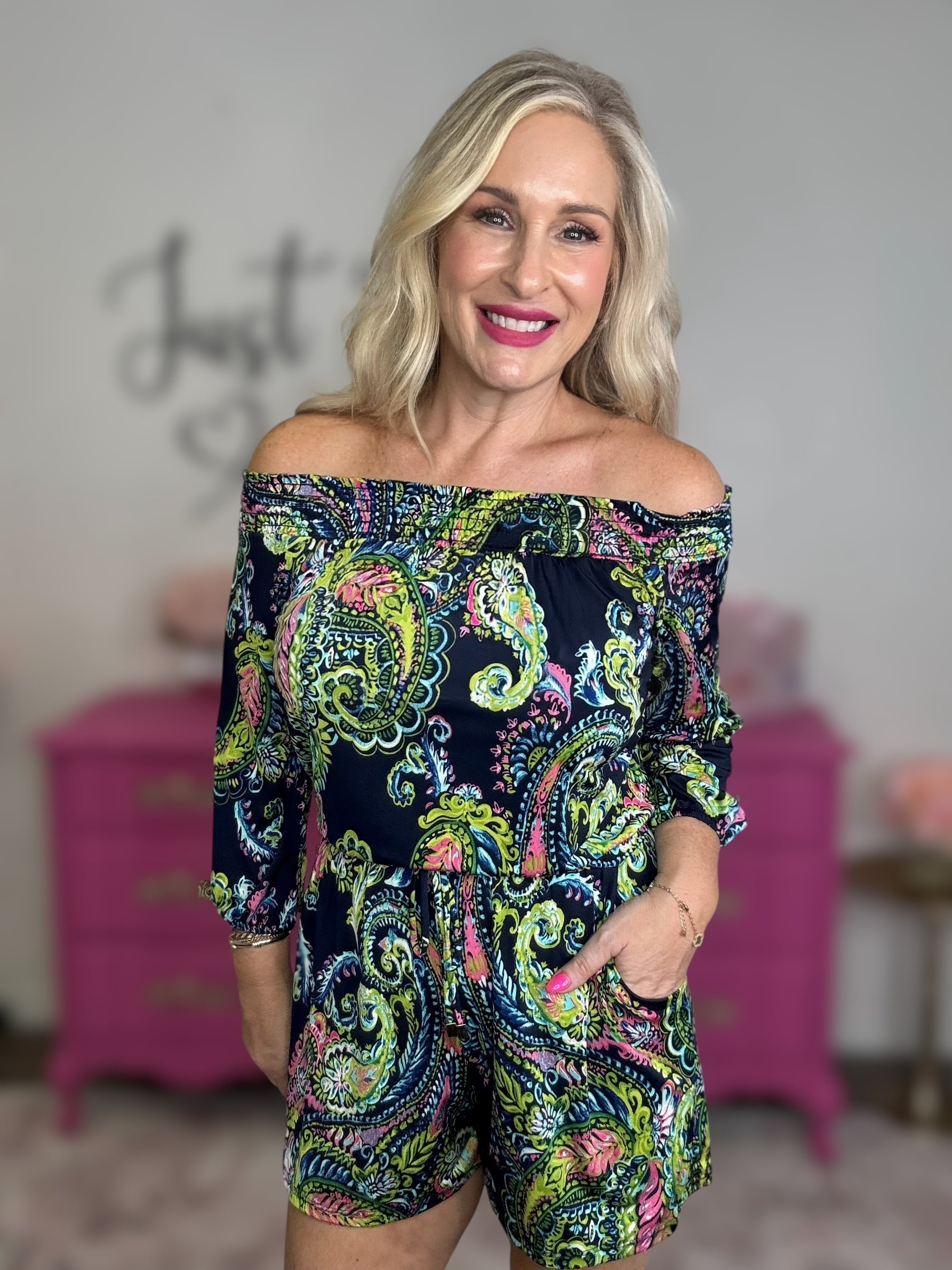 Off The Shoulder Lime and Navy Romper