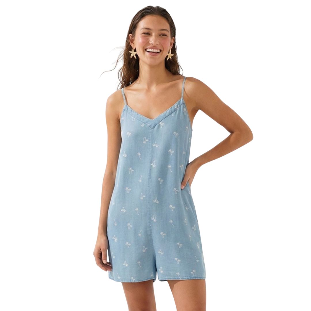 Palm Tree Print V-Neck Banded Romper Sky Blue - Front View on Model with Self-Tie Belt