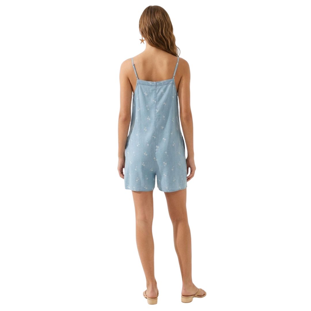 Palm Tree Print V-Neck Banded Romper Sky Blue - Back View on Model