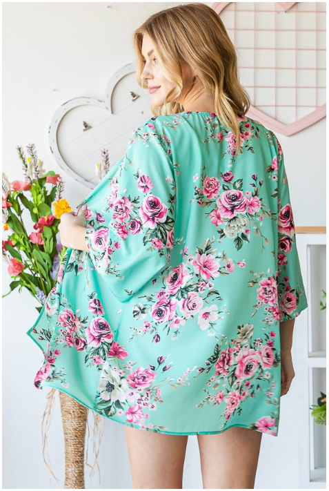 Three Quarter Sleeve Floral Print Open Cardigan